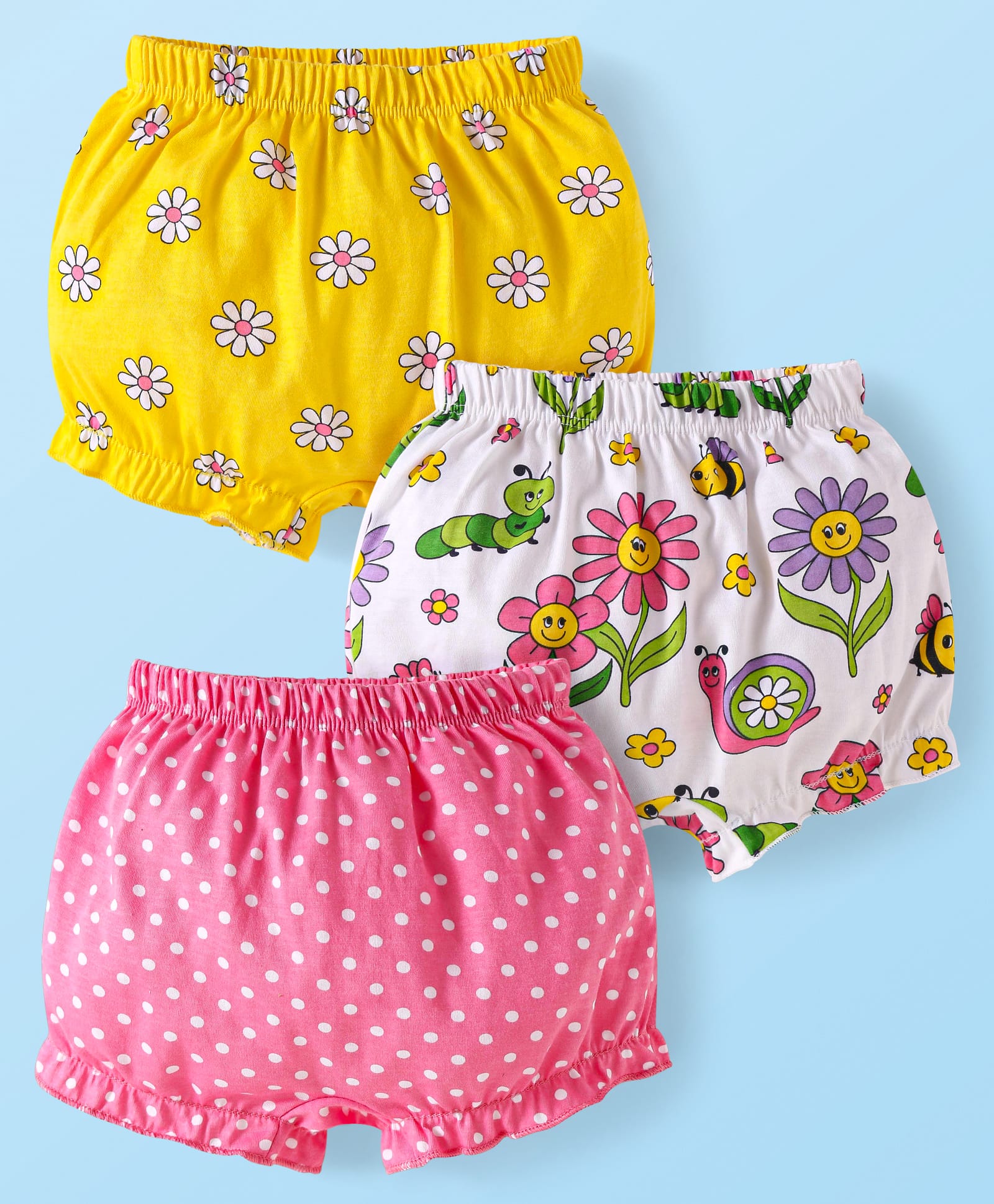 Babyhug 100% Cotton Bloomer with Floral & Polka Dot Print Pack of 3 - Lavender Pink & Yellow-image-47