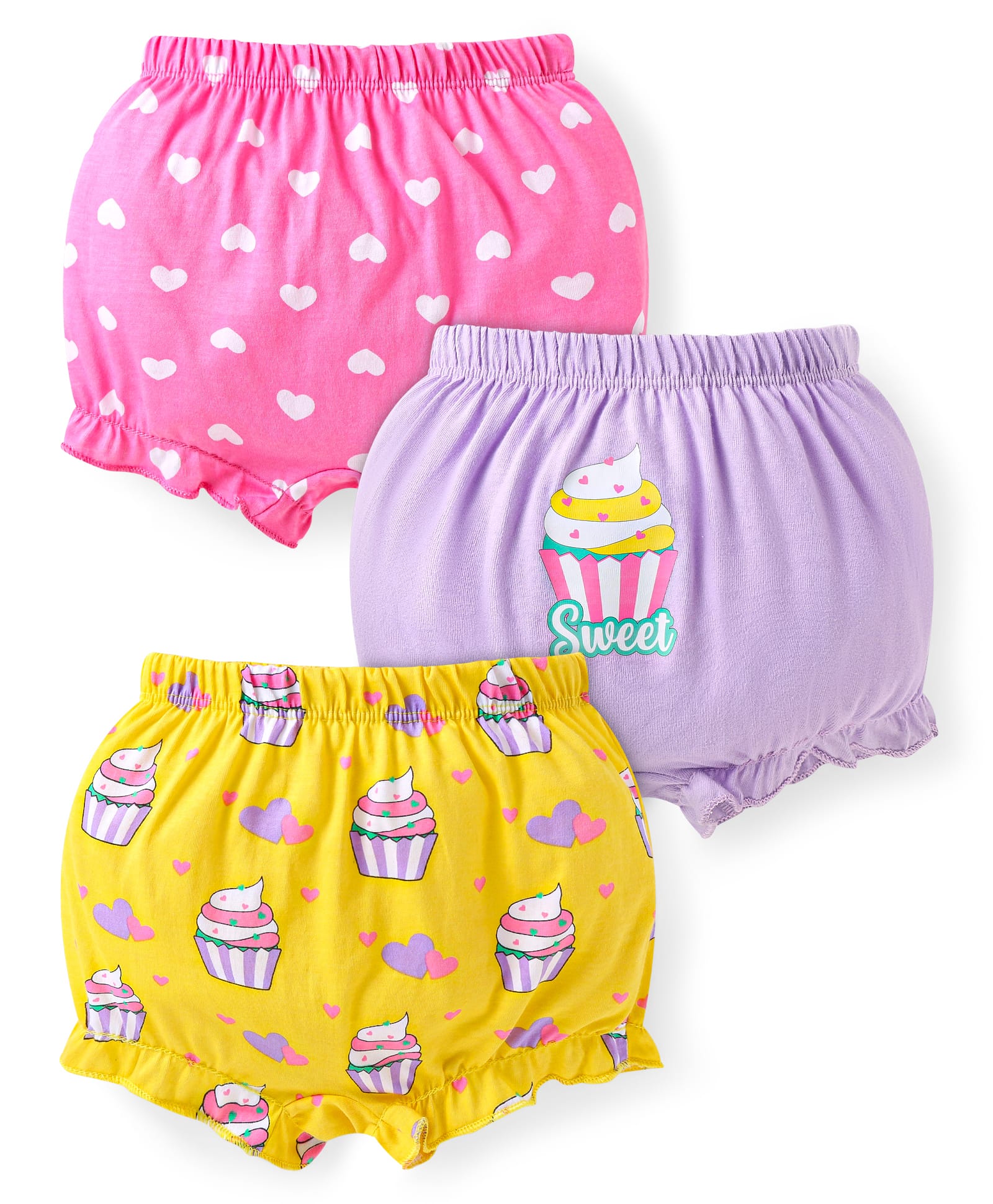 Babyhug 100% Cotton Knit Heart & Cup Cake Printed Bloomers Pack of 3 - Yellow Pink & Lilac-image-5