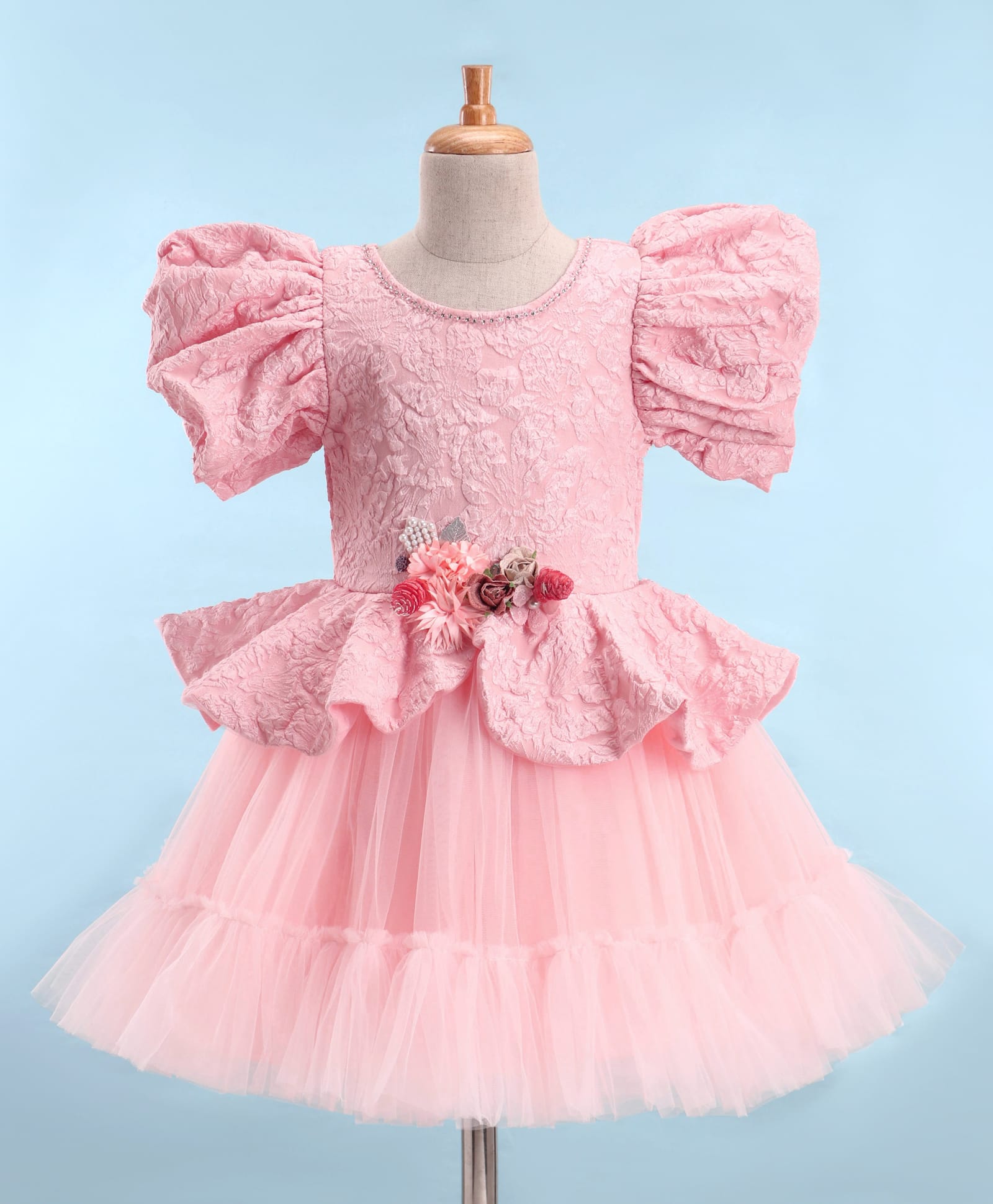 Enfance Half Puffed Sleeves Floral Applique Flared Dress - Peach-image-1