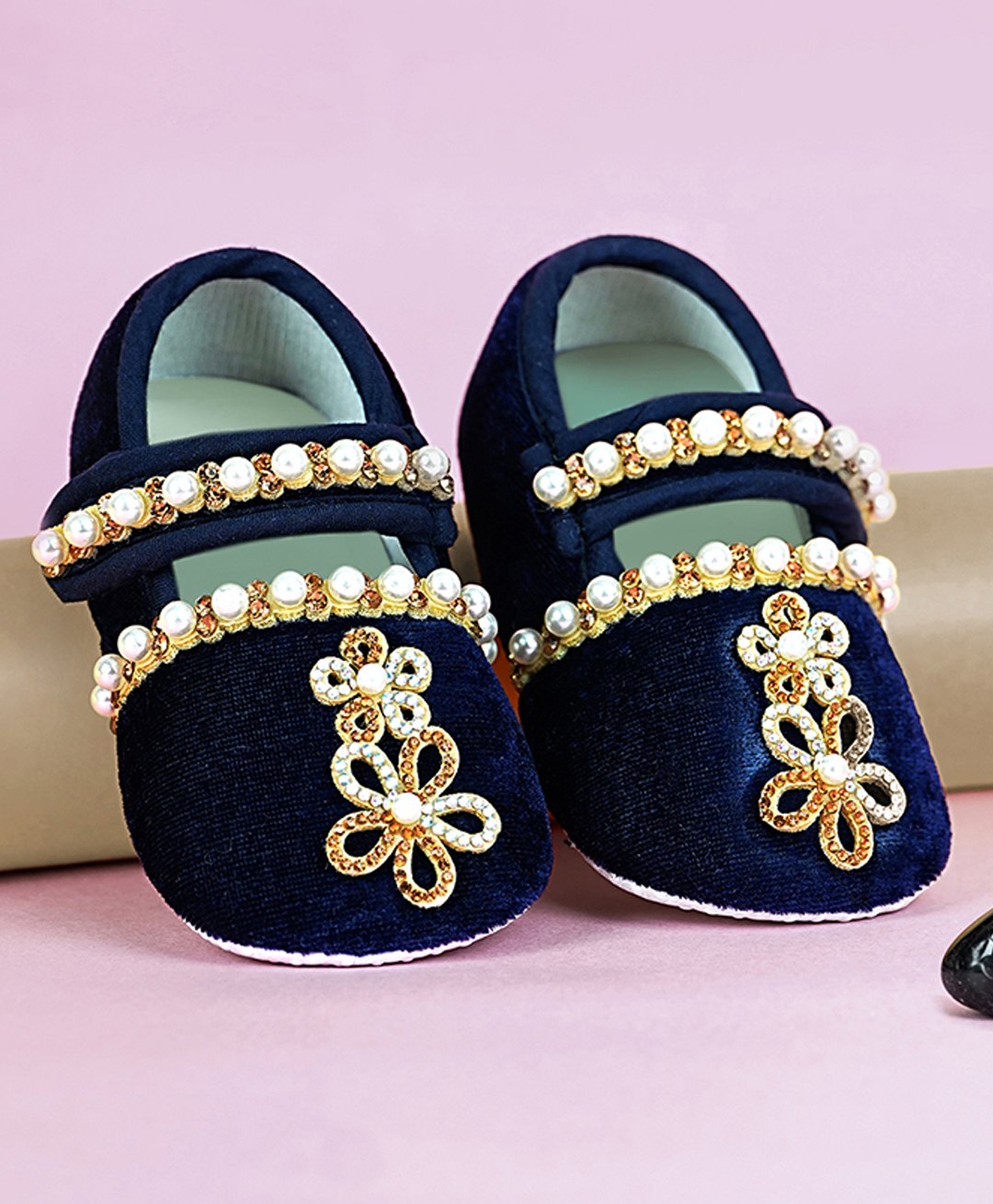 Coco Candy Velvet Pearl & Stone Embellished Detailed Velcro Closure Booties - Navy Blue-picture-28