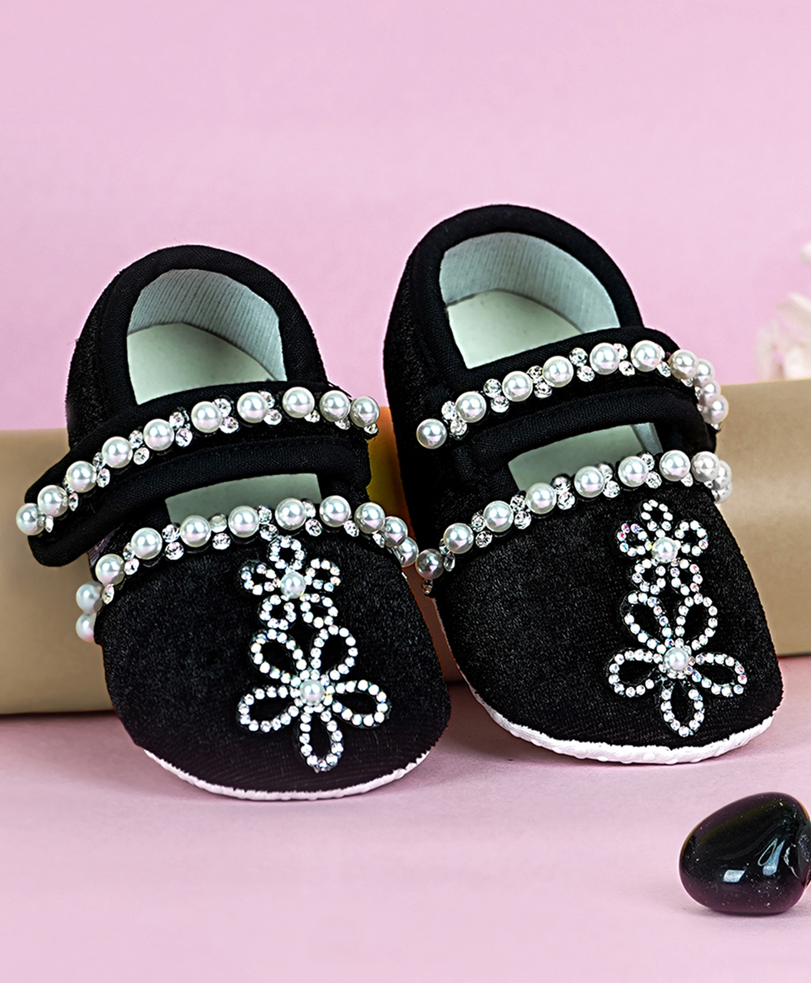 Coco Candy Velvet Pearl & Stone Embellished Detailed Velcro Closure Booties - Black-image-49
