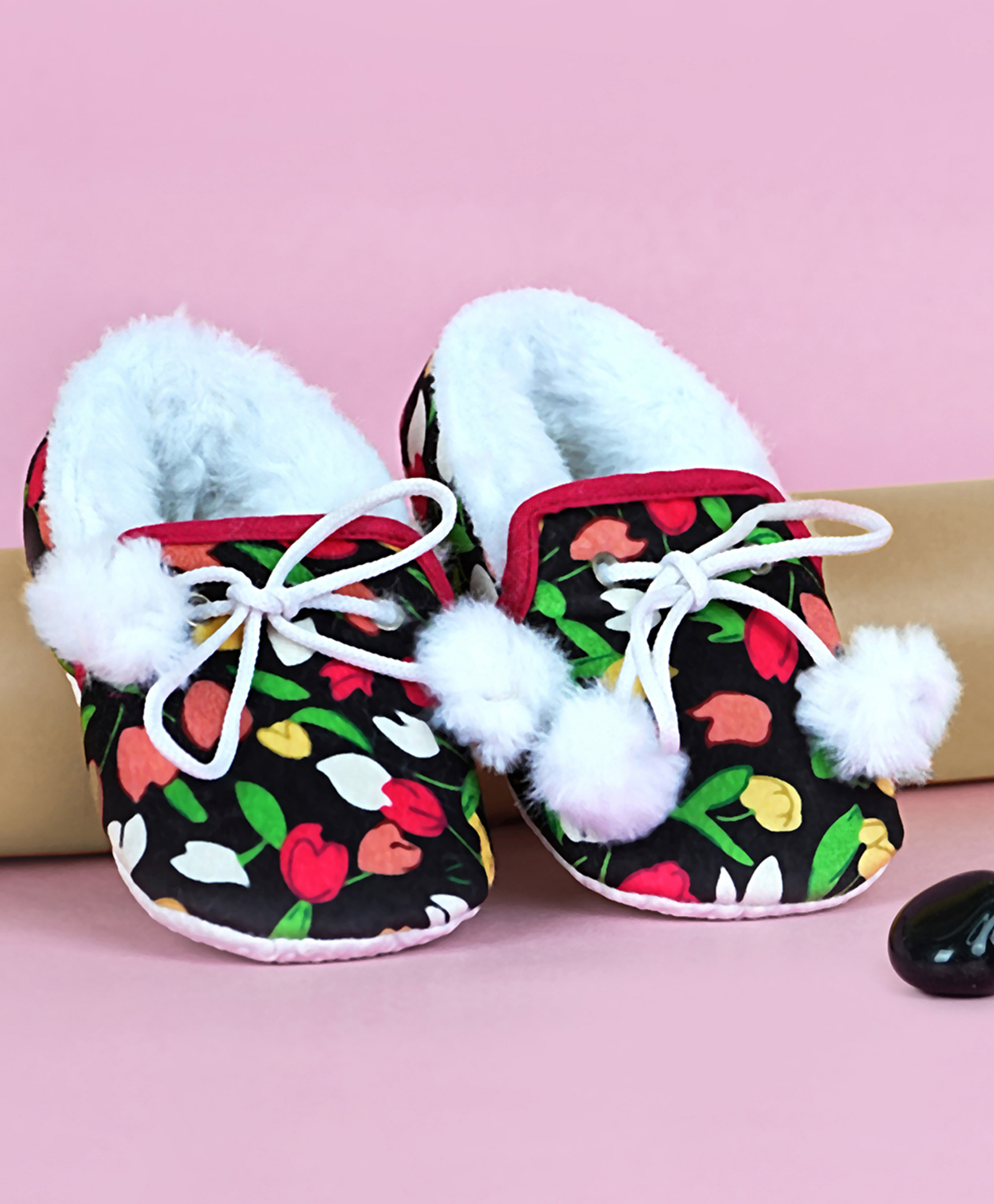 Coco Candy Floral Printed Pom Pom Detail Booties - Black-picture-35