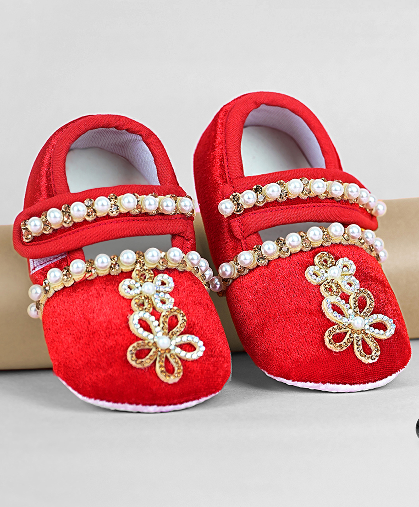 Coco Candy VelvetPearl & Stone Embellished Detailed Velcro Closure Booties - Red-picture-22