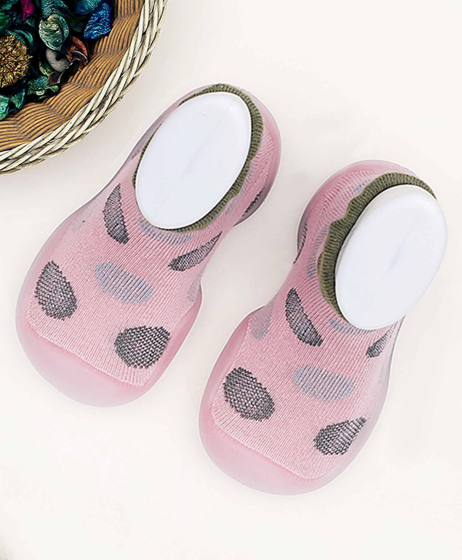 Infantso Polka Dot Anti-Skid Cotton Socks Shoes with Rubber Sole for Walking Babies & Toddlers - Pink-image-44