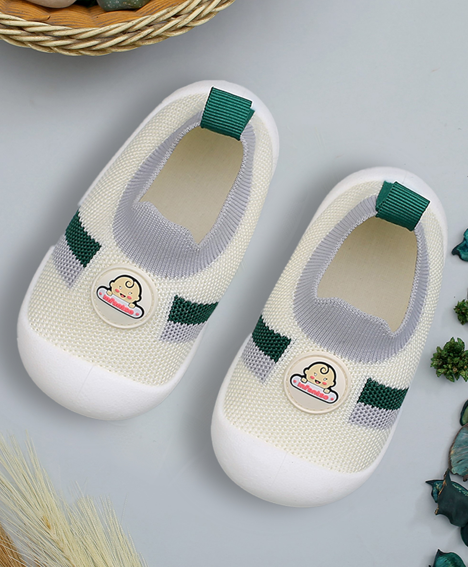 Infantso Nano Stripe Anti-Skid Cotton Socks Shoes with Rubber Sole for Walking Babies & Toddlers - Green-image-7