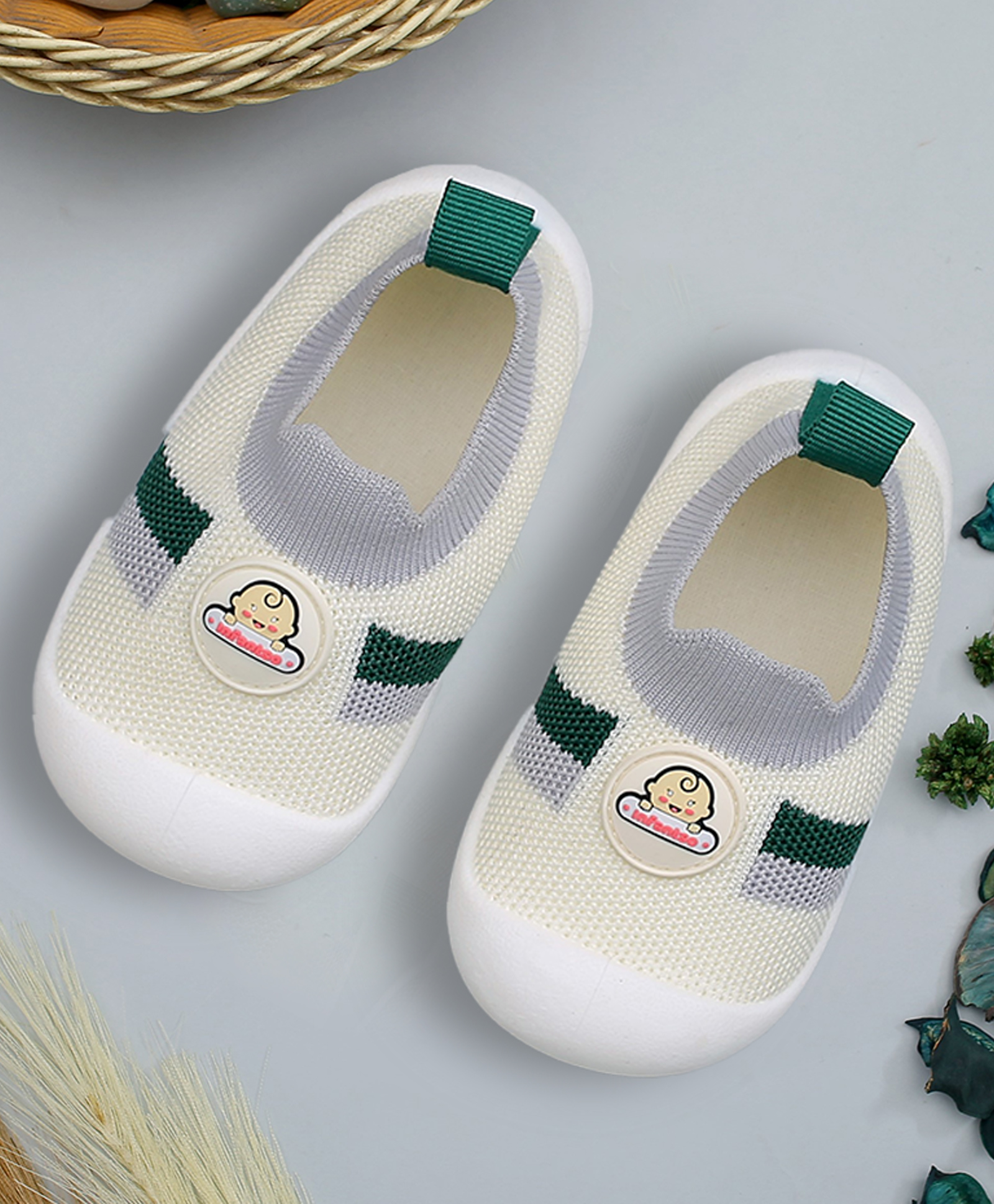 Infantso Nano Stripe Anti-Skid Cotton Socks Shoes with Rubber Sole for Walking Babies & Toddlers - Green-picture-18