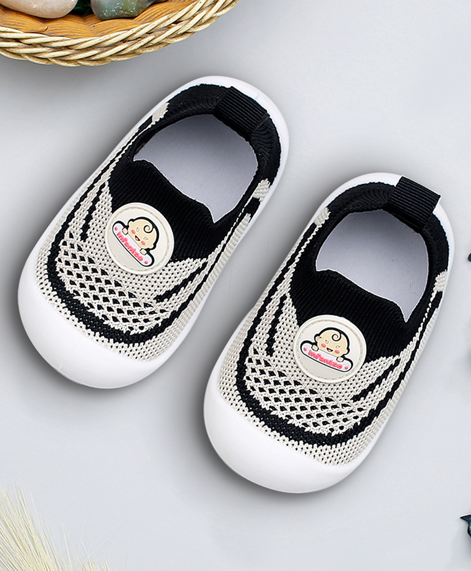 Infantso Knit Kicks Anti-Skid Cotton Socks Shoes with Rubber Sole for Walking Babies & Toddlers - Black-image-14