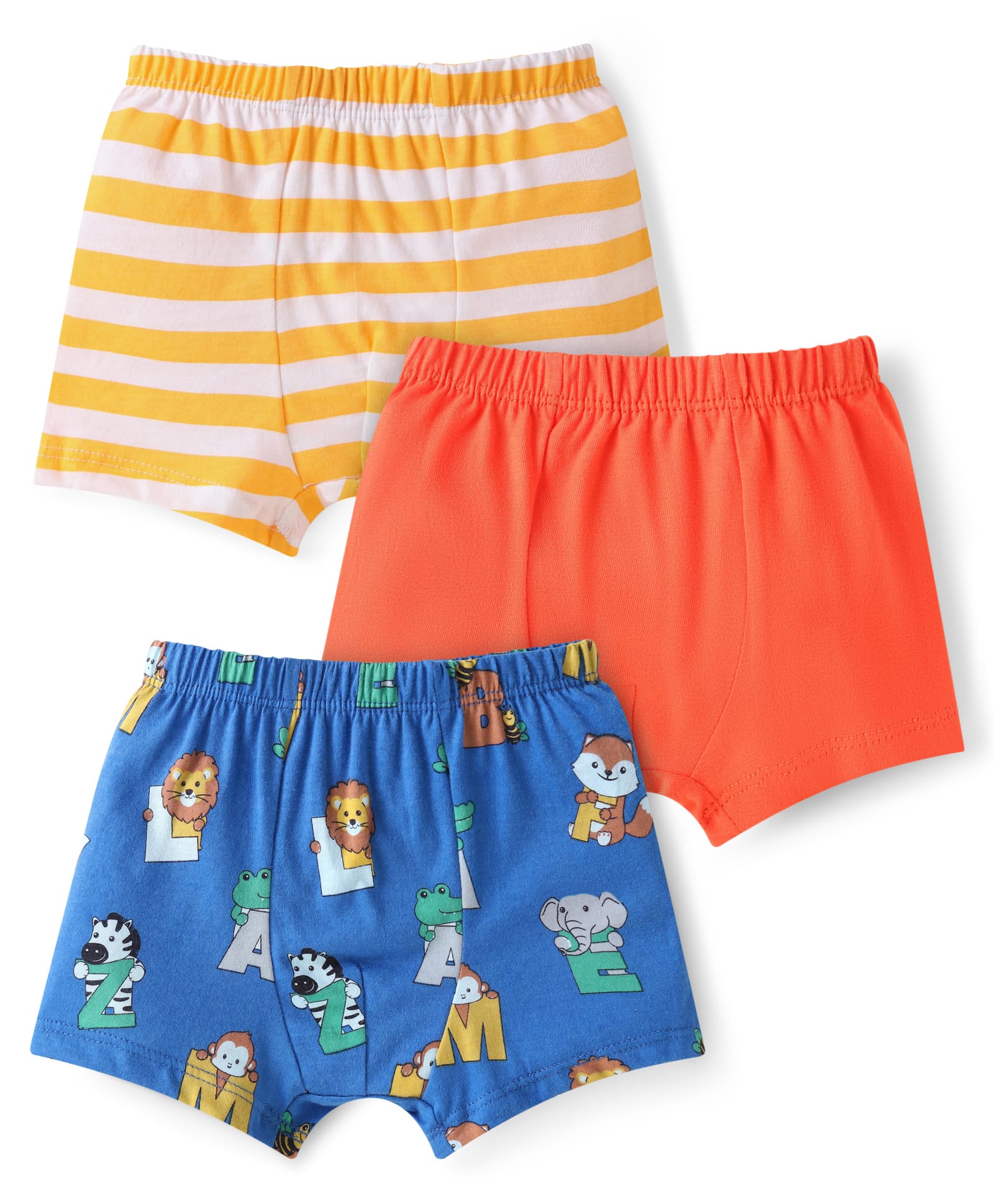 Babyhug Single Jersey Knit Above Knee Length Trunks with Animal Prints & Stripes Pack of 3 - Blue Orange & White-image-14