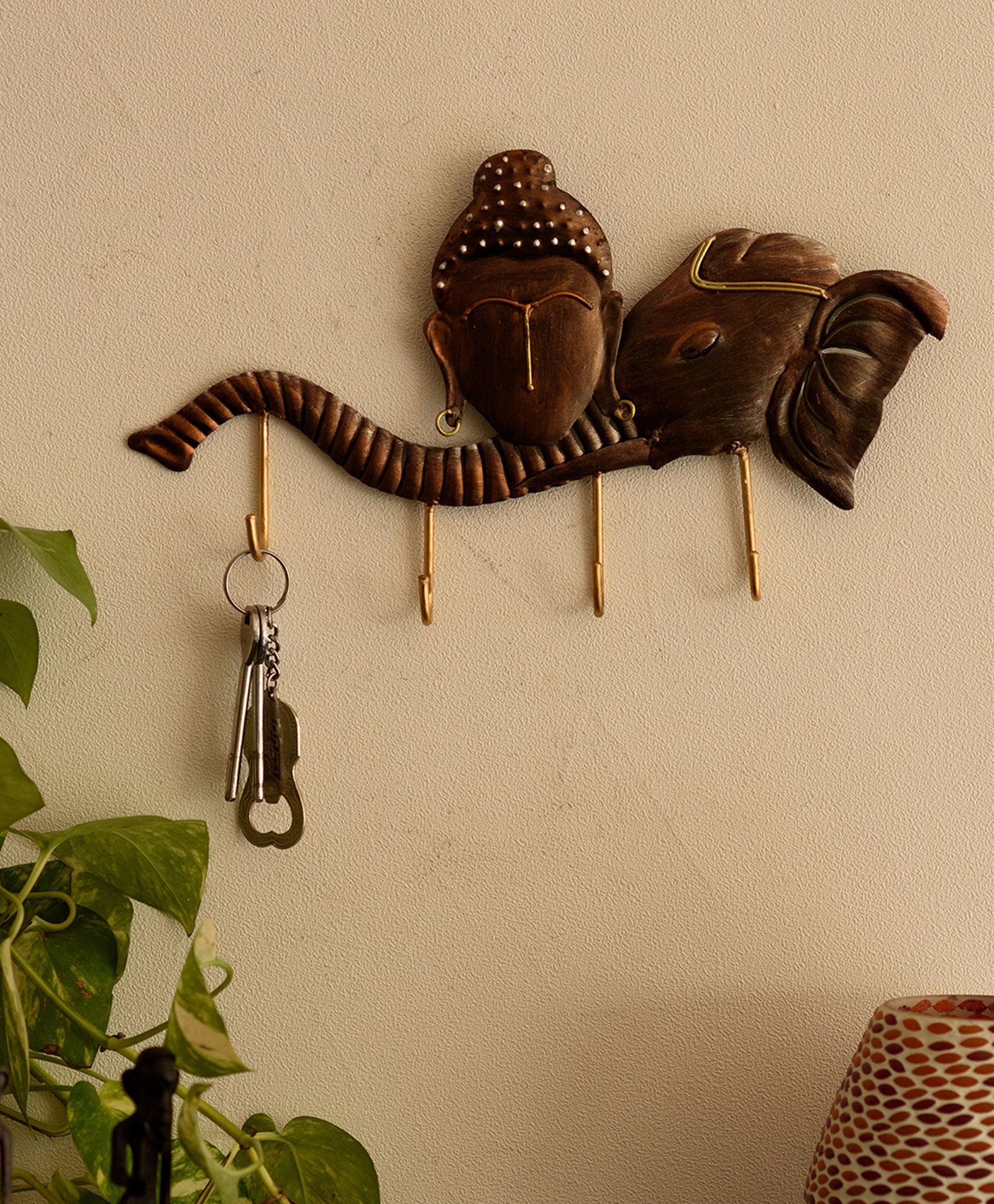 eCraftIndia Wrought Iron Buddha Head On Elephant Trunk Designer Key Holder With 4 Key Hooks For Wall-picture-10