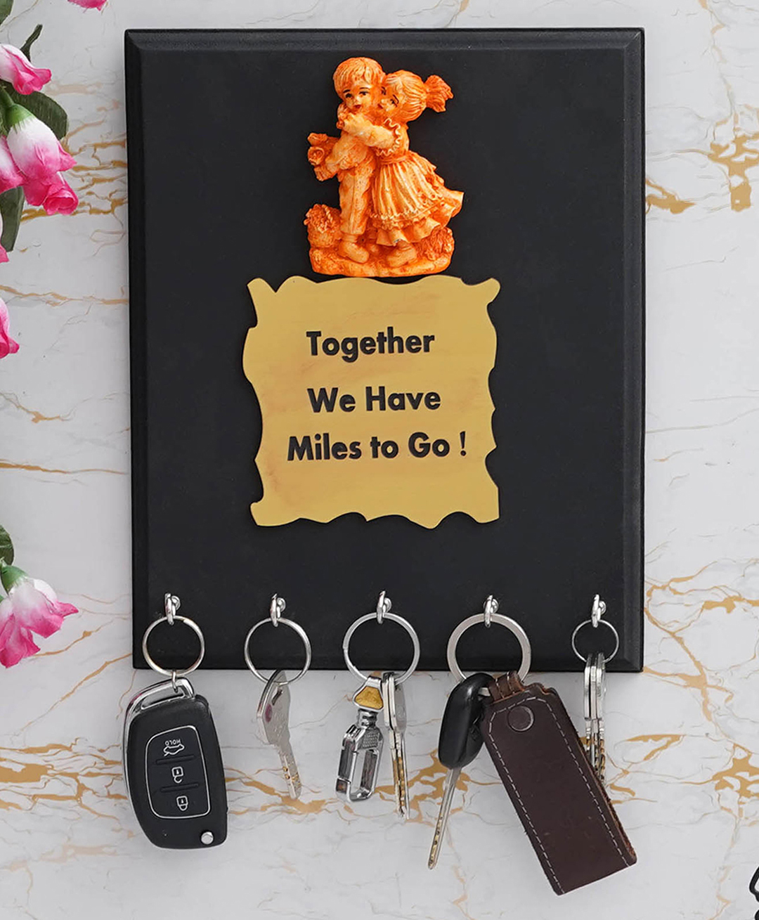 eCraftIndia Cute Couple With "Together We Have Miles To Go" Quote 5 Hooks Wooden Key Holder-image-26