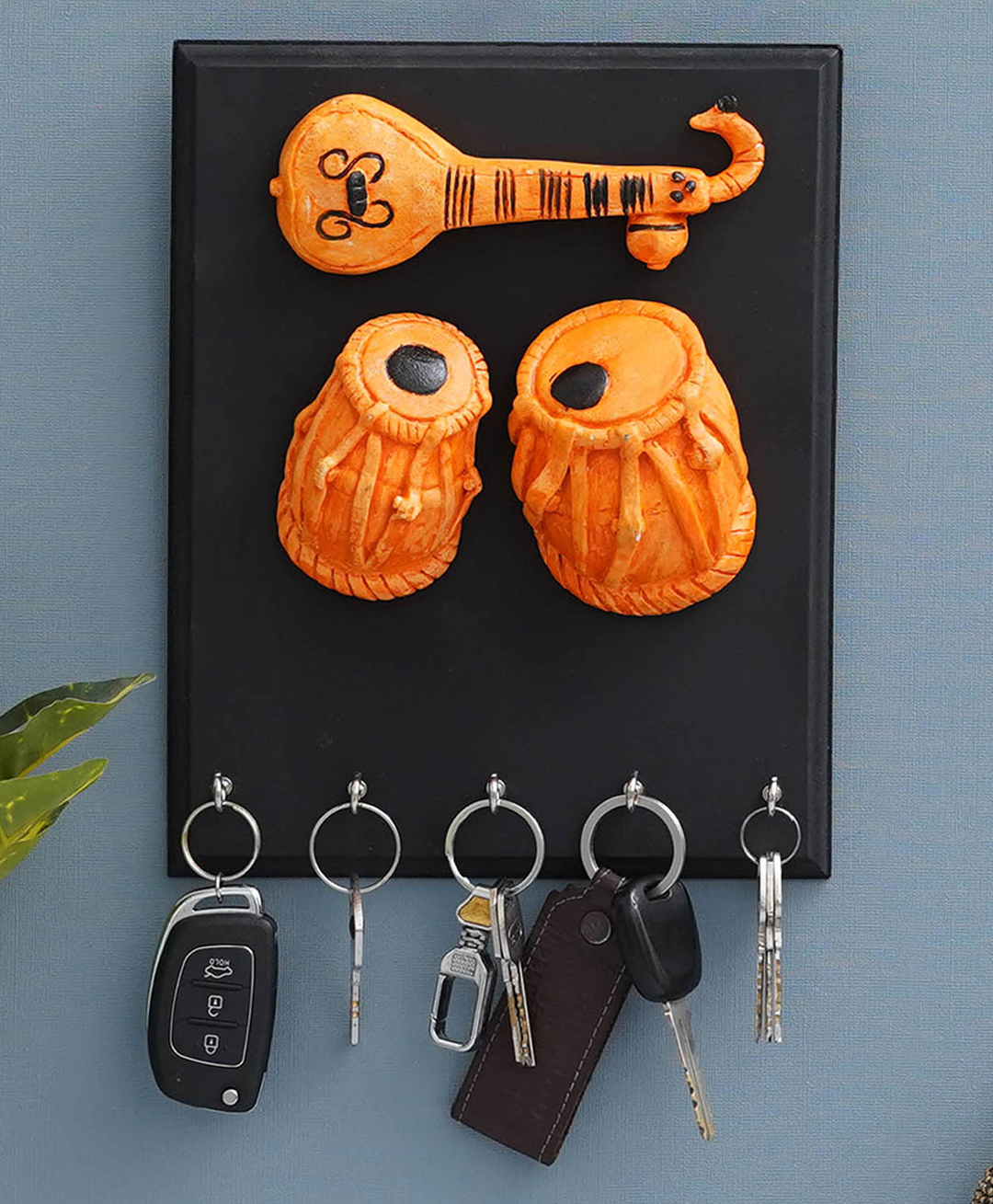 eCraftIndia Veena and Tabla Musical Instrument 5 Hooks Wooden Key Holder-image-45