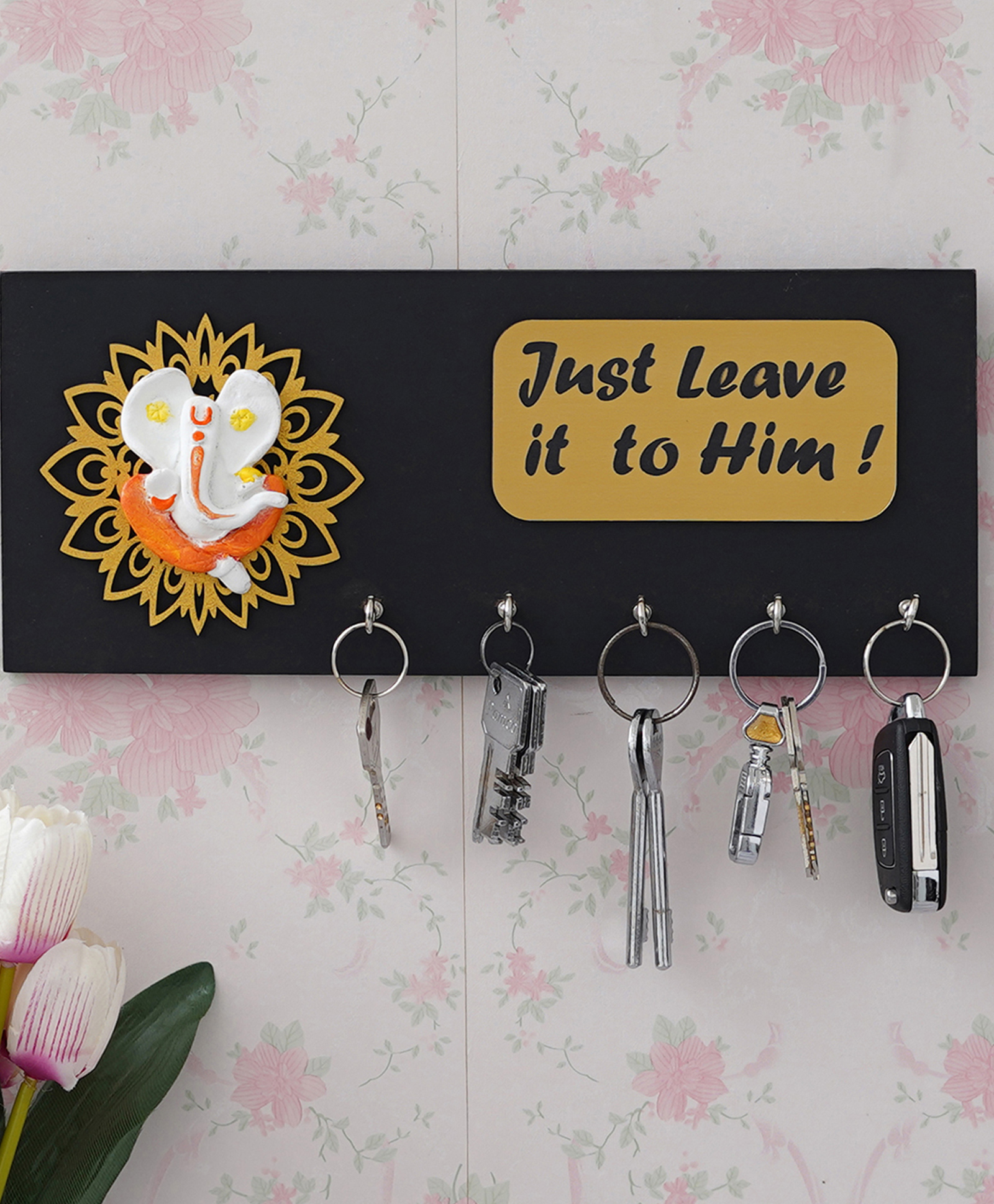 eCraftIndia Lord Ganesha With "Just Leave It To Him" Quote 5 Hooks Wooden Key Holder-image-37