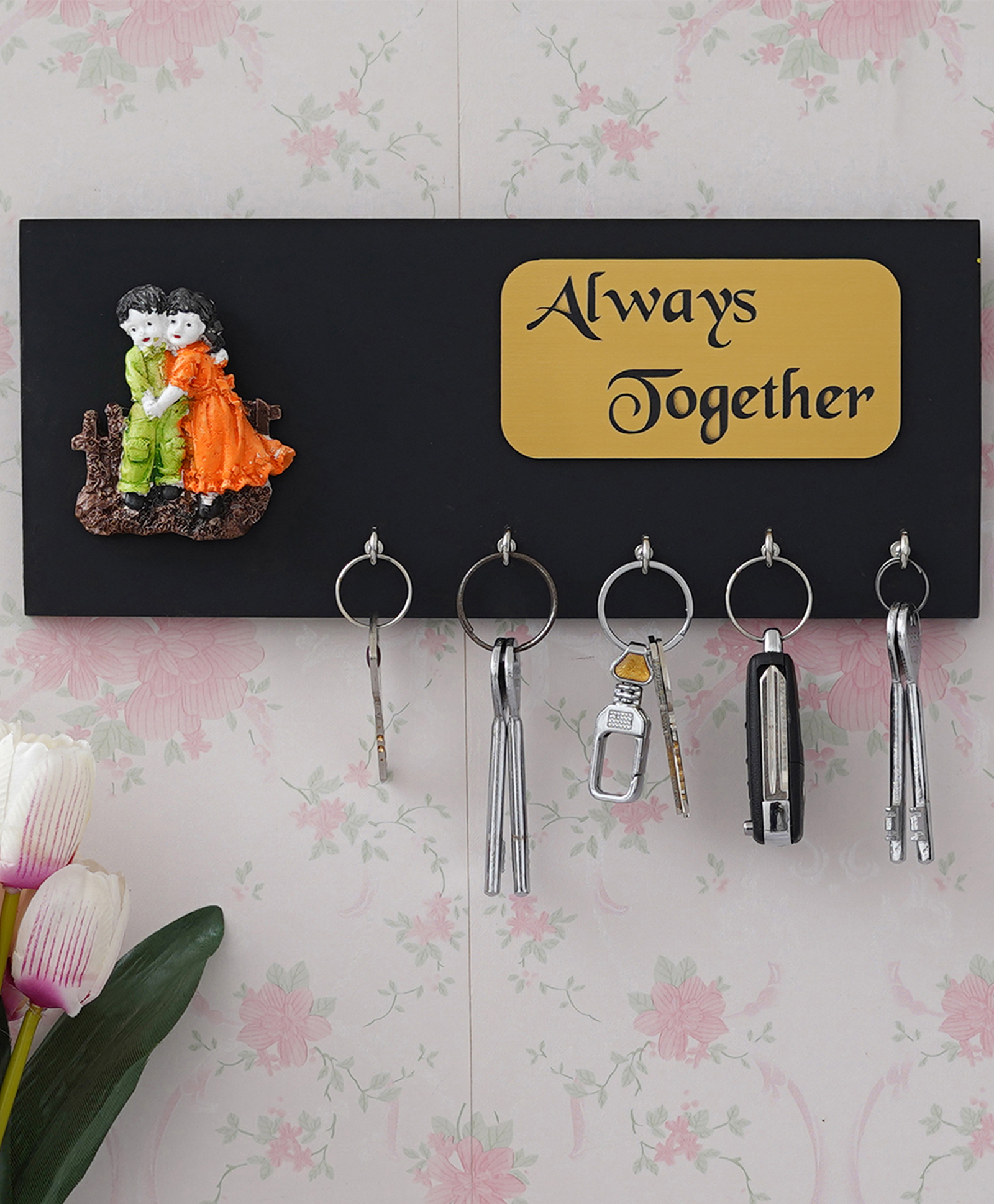 eCraftIndia Couple With "Always Together" Quote 5 Hooks Wooden Key Holder-image-24
