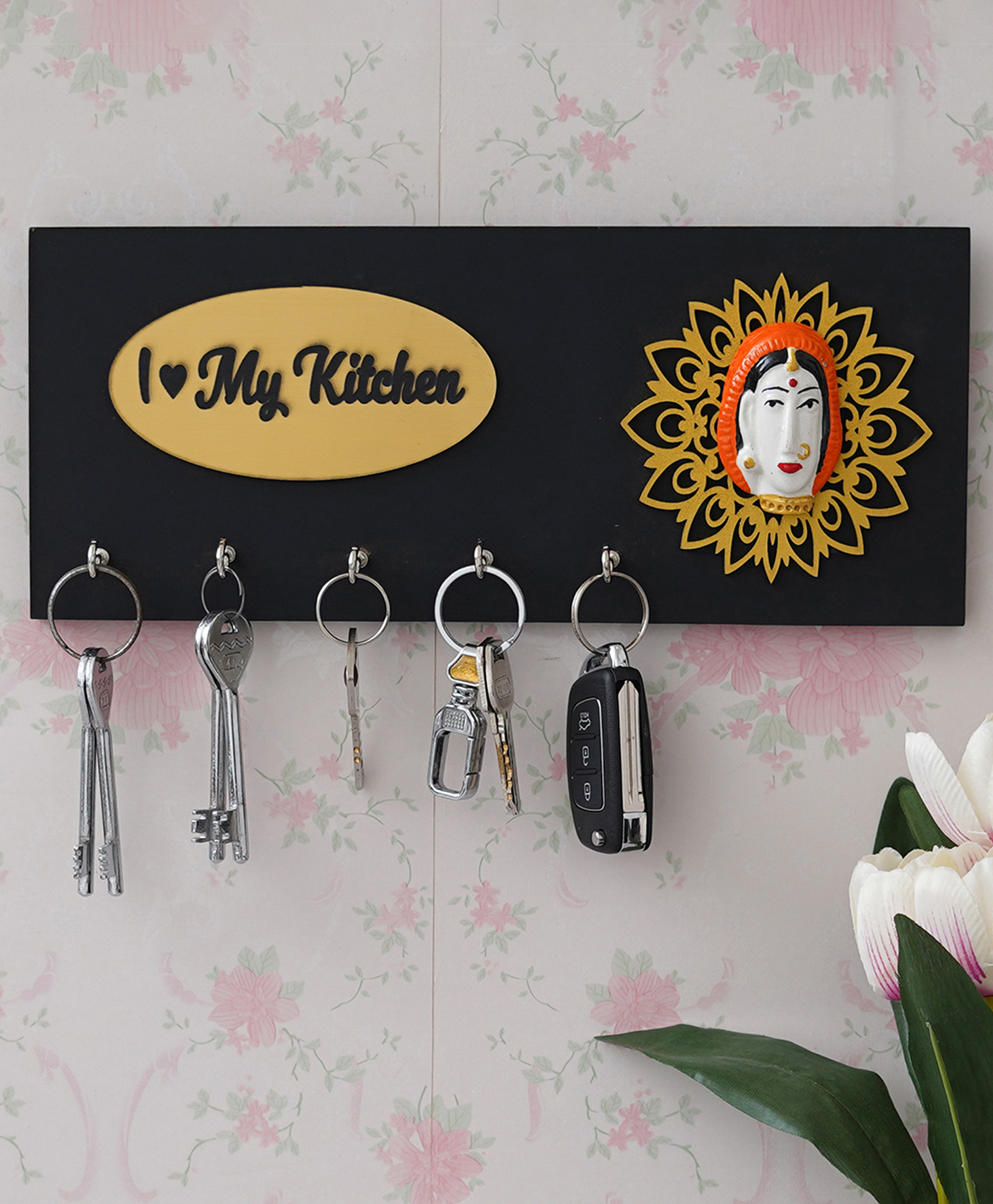 eCraftIndia Woman With "I Love My Kitchen" Quote 5 Hooks Wooden Key Holder-image-2