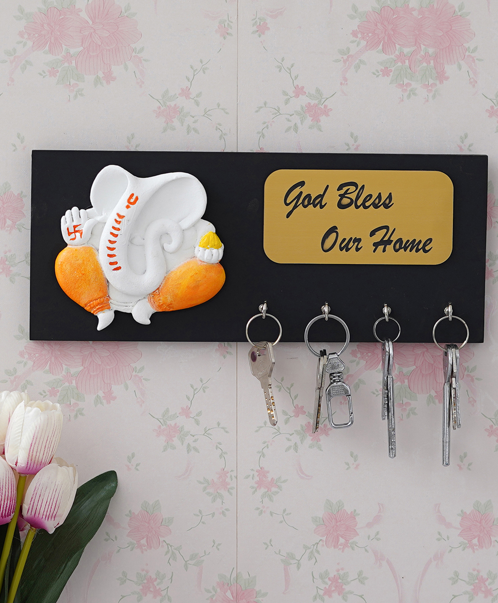eCraftIndia Lord Ganesha With "God Bless Our Home" Quote 4 Hooks Wooden Key Holder-image-38
