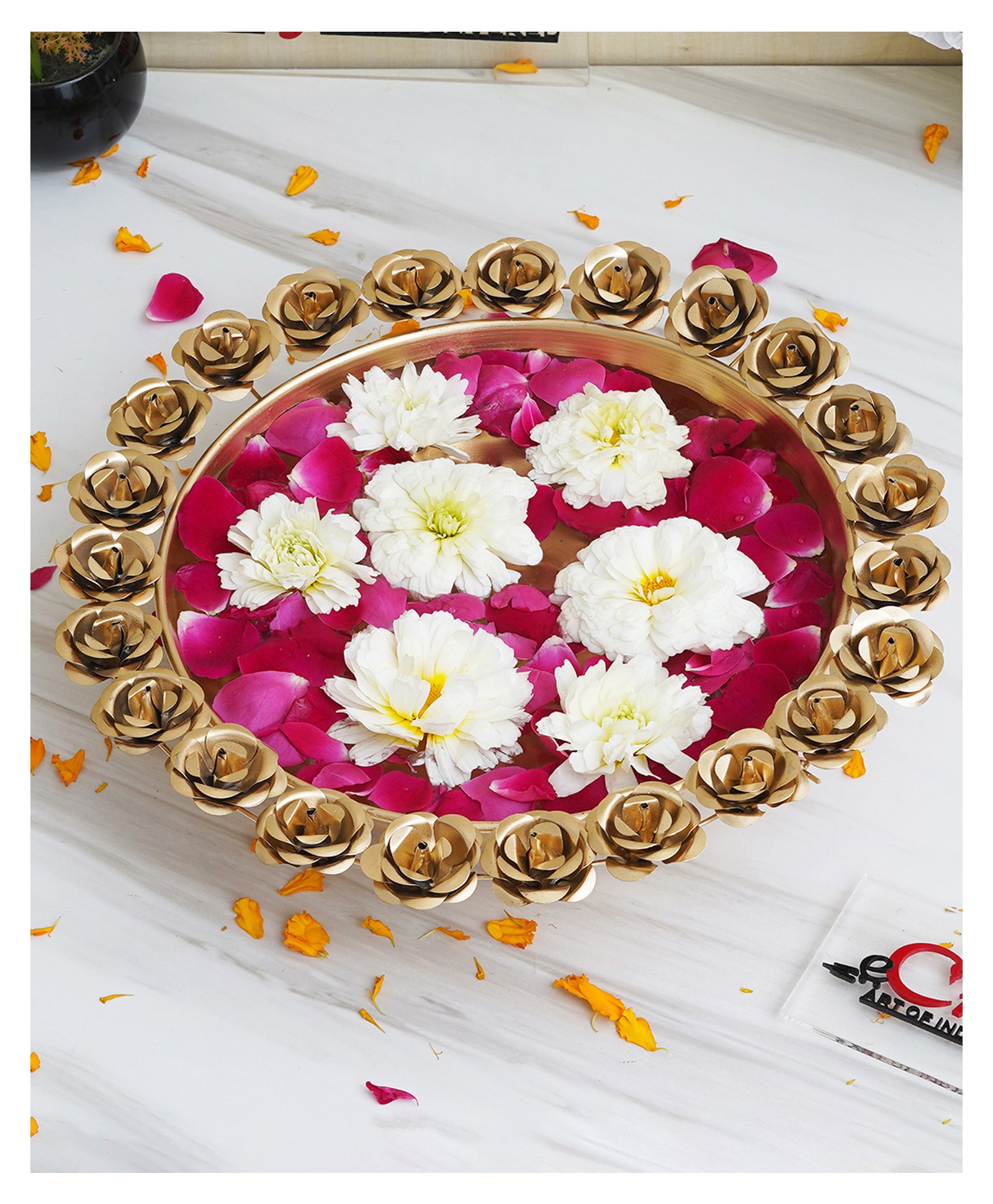eCraftIndia Golden Metal Handcrafted Beautiful Floral Decorative Urli with 18 Rose Flowers Border-image-3