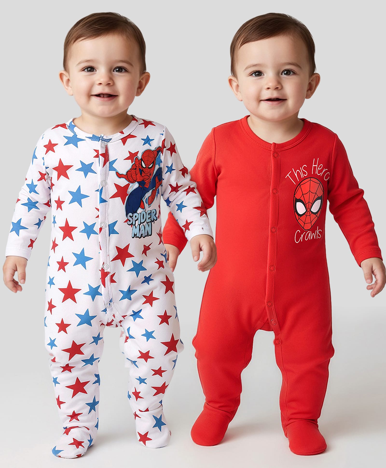 Babyhug Marvel Interlock Knit Full Sleeves Footed Sleep Suits With Spider-Man Graphics Pack of 2 - Red & White-image-41