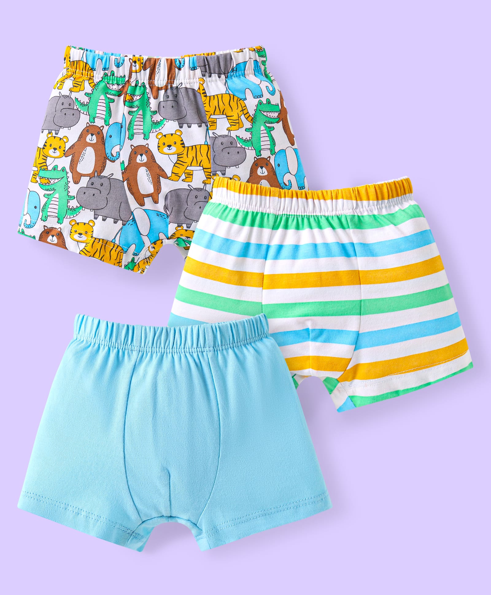 Babyhug 100% Cotton Knit Trunks with Stripes & Animal Print Pack of 3 - Light Blue & White-image-45