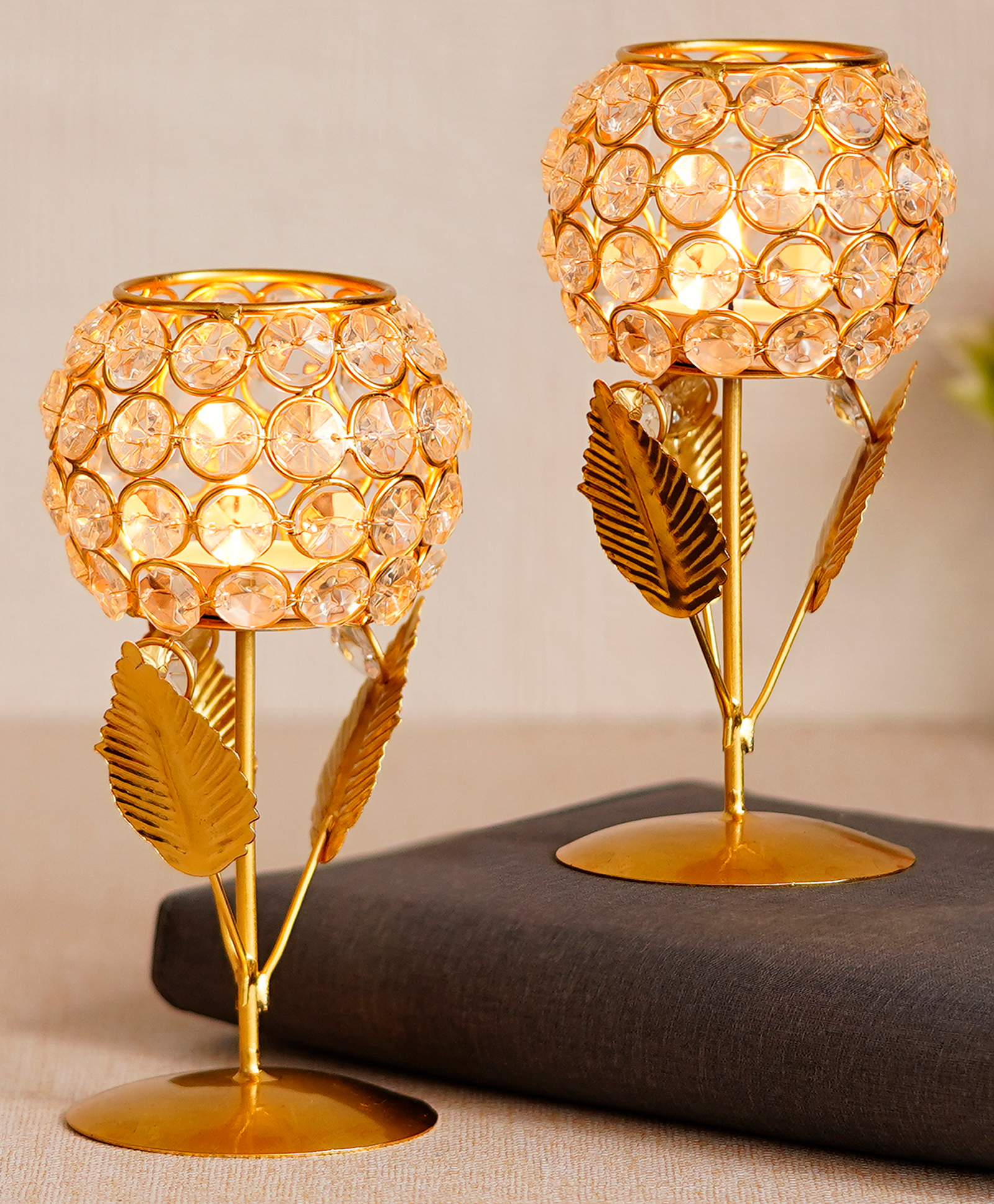 eCraftIndia Set of 2 Golden, White Crystal And Brass Rose With Leaf Shaped Flower Tea Light Candle Holders-picture-28