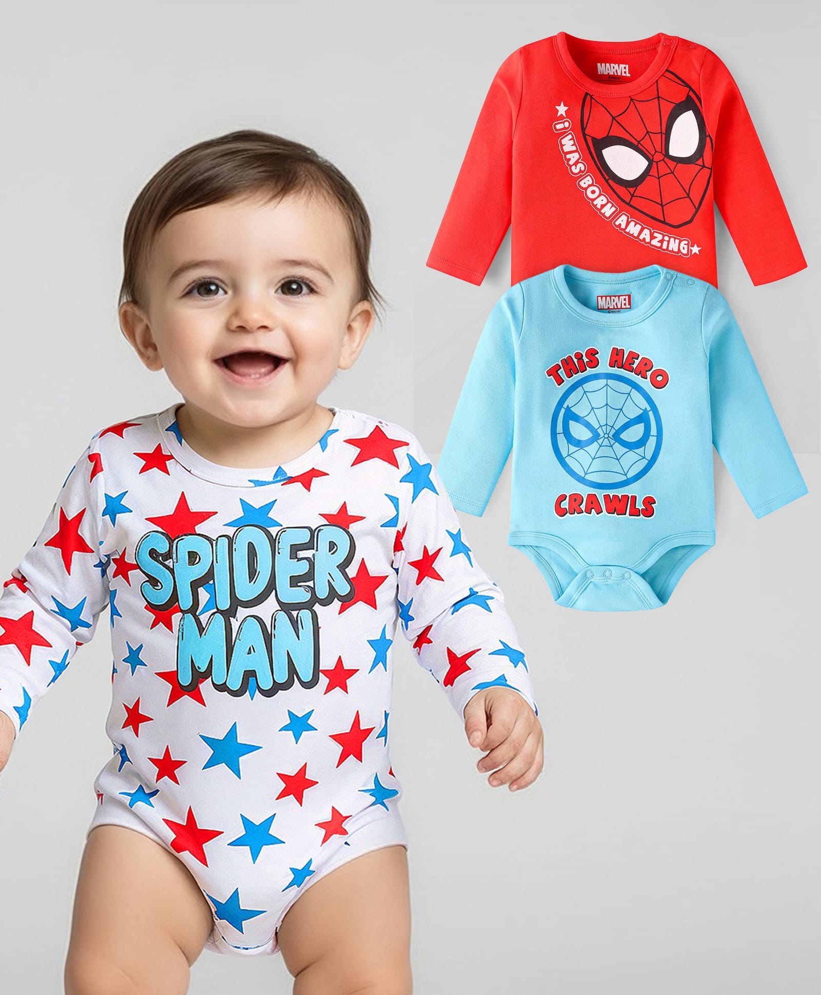 Babyhug Marvel Interlock Knit Full Sleeves Onesies With Spiderman Graphics - Light Blue Red & White-picture-17