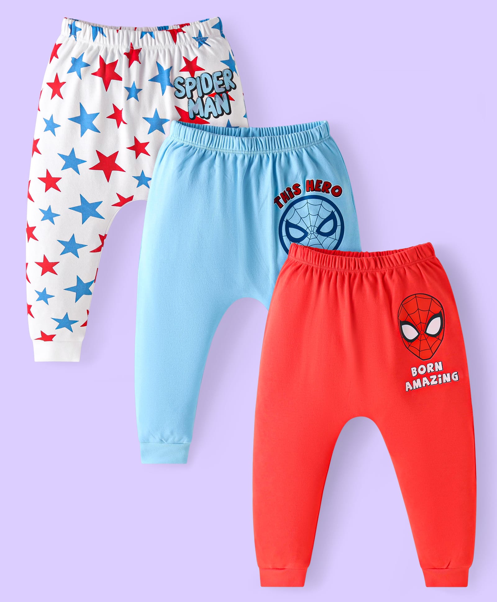 Babyhug Marvel Interlock Knit Full Length Diaper Leggings with Spiderman Graphics Pack of 3 - Red Light Blue & White-image-16