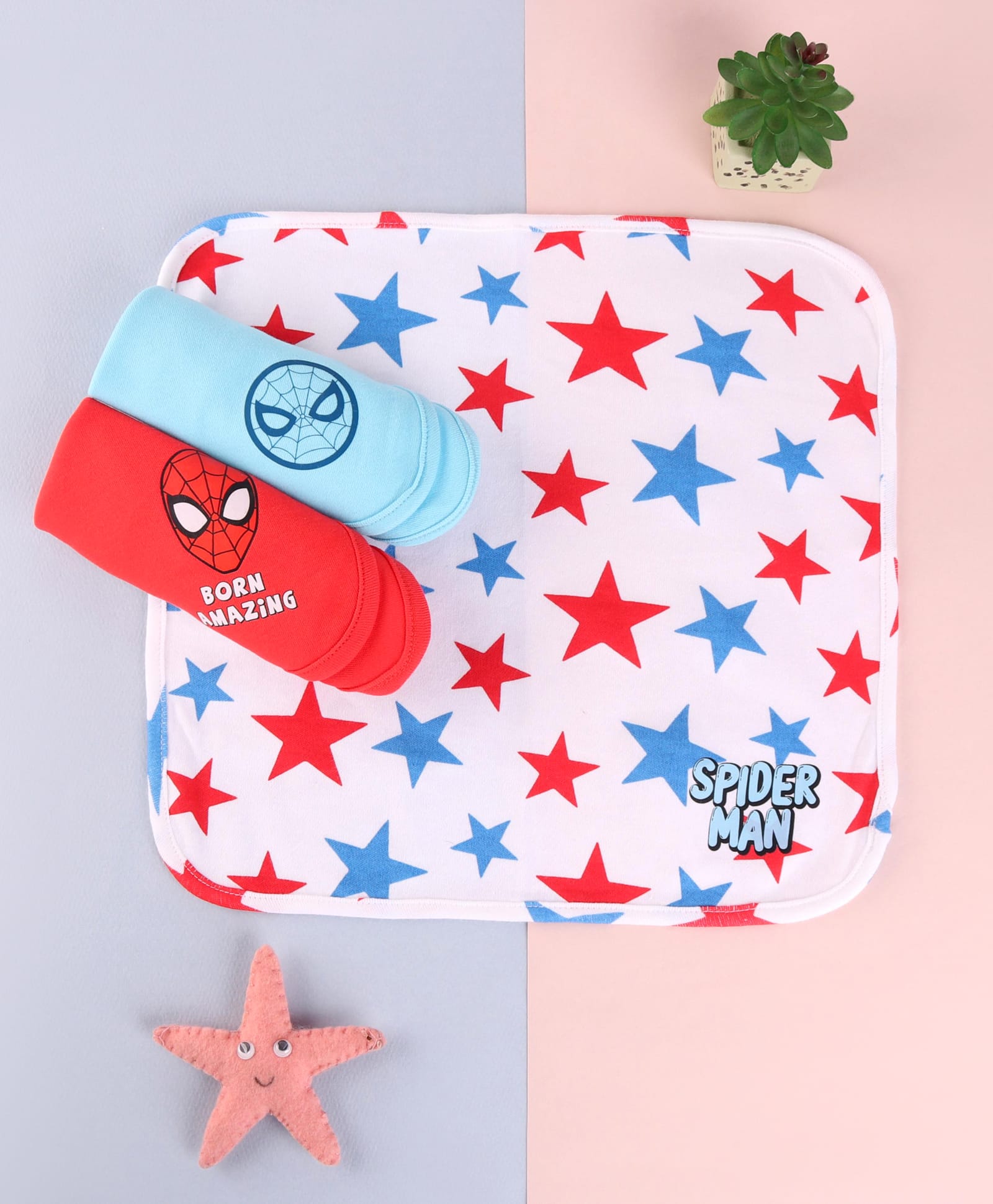 Babyhug Marvel Interlock Knit Hands and Face Towels With Spider Man Graphics L 29 x H 29 cm Pack of 3 - White Light Blue Red-image-38