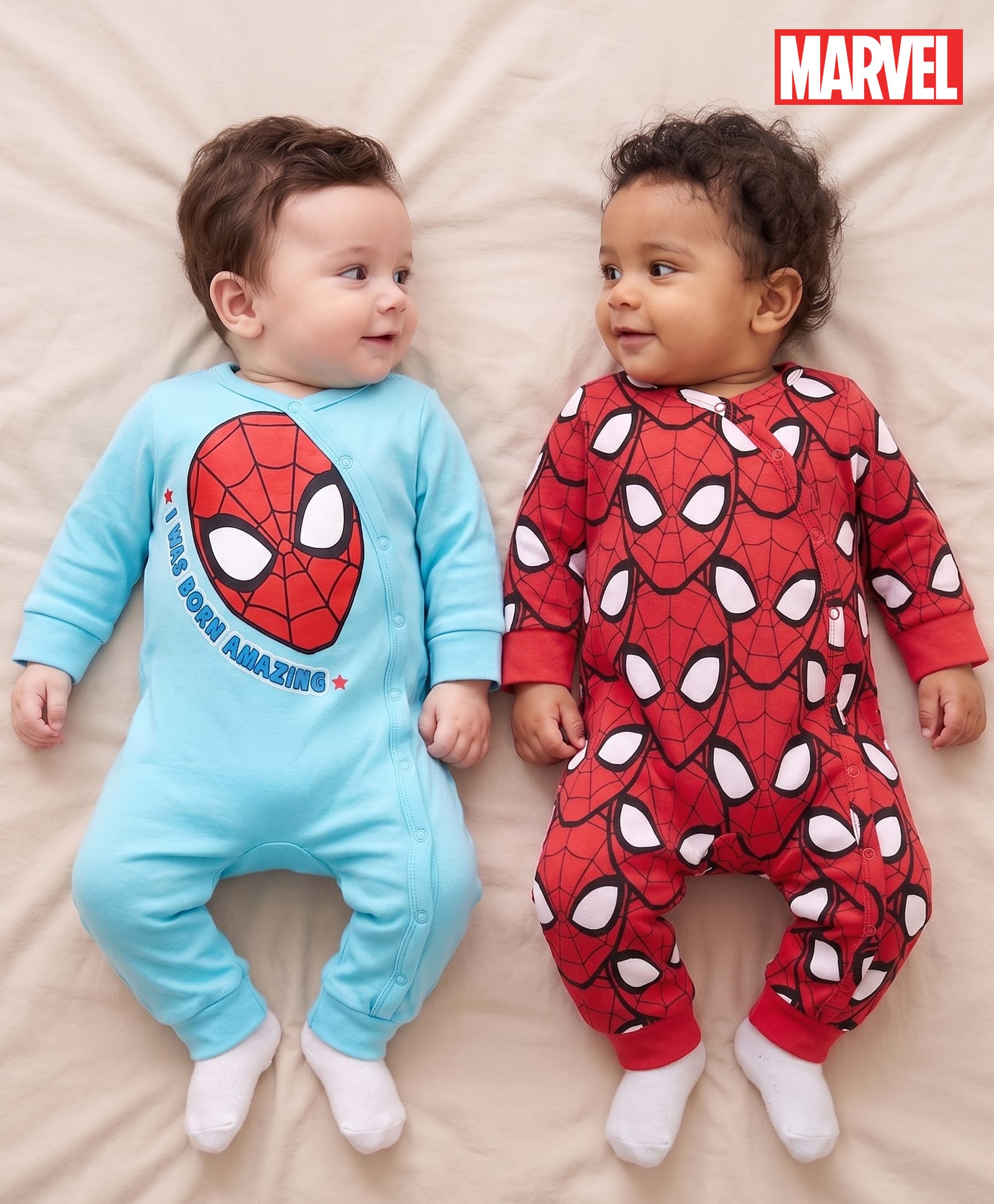 Babyhug Marvel Interlock Knit Full Sleeves Rompers With Spider-Man Graphics Pack of 2 - Light Blue & Red-image-49