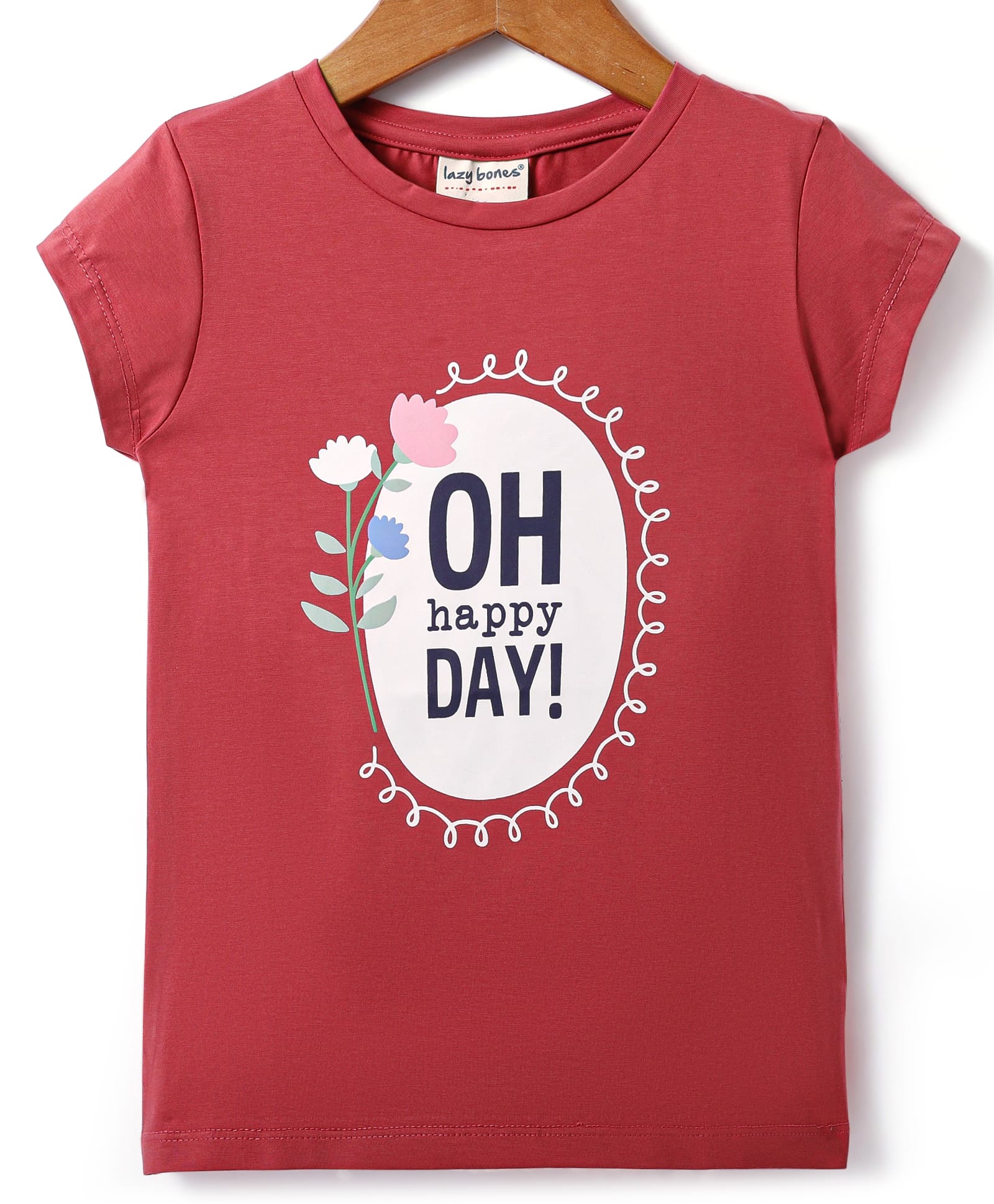 Lazy Bones Sinker Knit Half Sleeves T-Shirt with Oh Happy Day Text Print - Maroon-picture-33