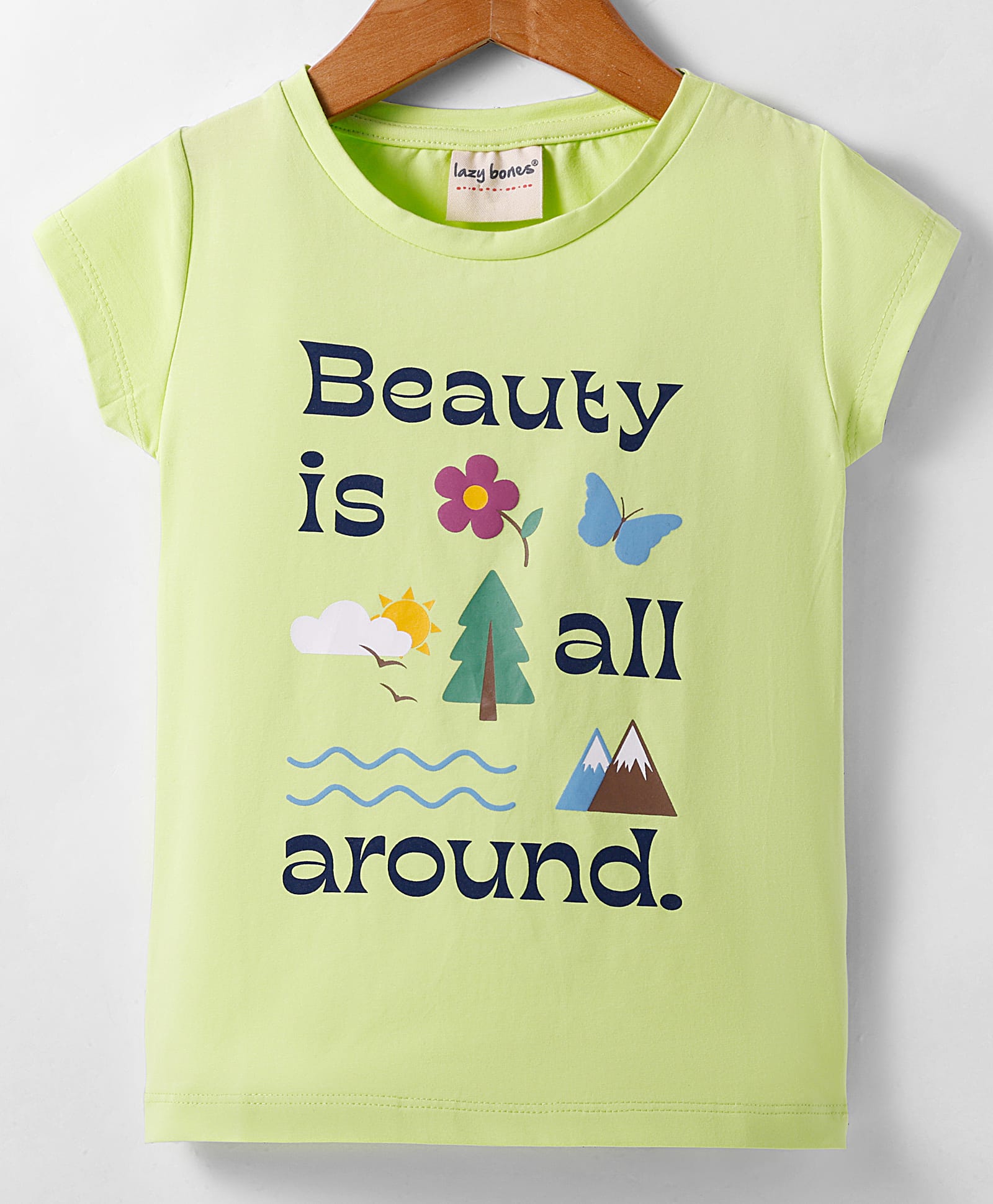 Lazy Bones Sinker Knit Half Sleeves T-Shirt with Beauty Is All Around You Text - Light Green-picture-32