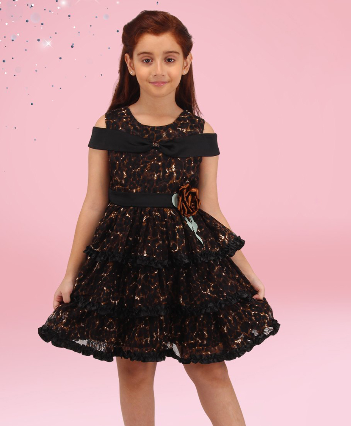 Cutecumber Net Cold Shoulder Sleeves Leopard Printed & Floral Applique Detailed Tiered Dress - Brown-image-32