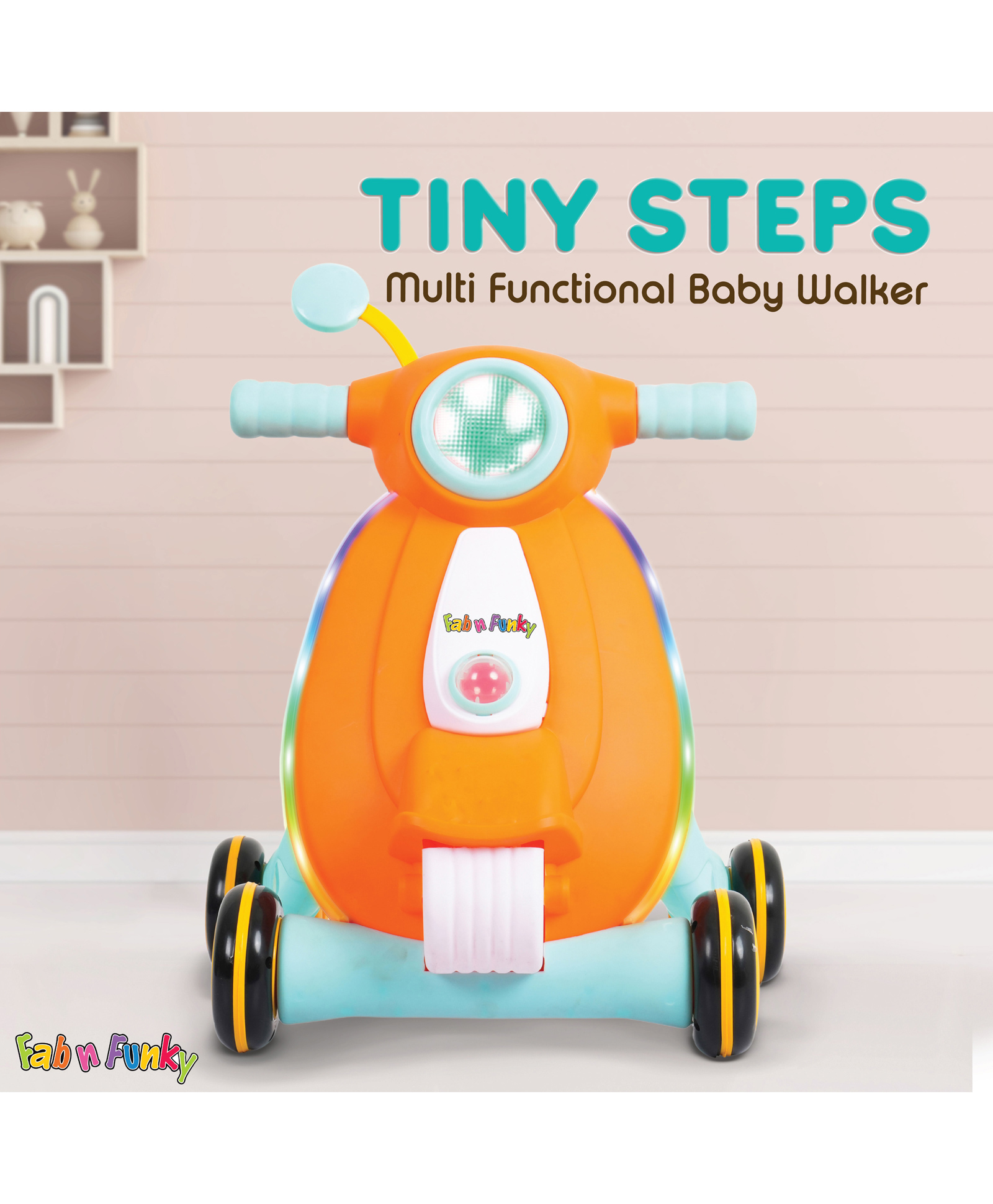 Tiny Step Baby Walker Early Education Activity Center with Lights, Sounds and Ball Game Baby Push Walker - Orange & Blue