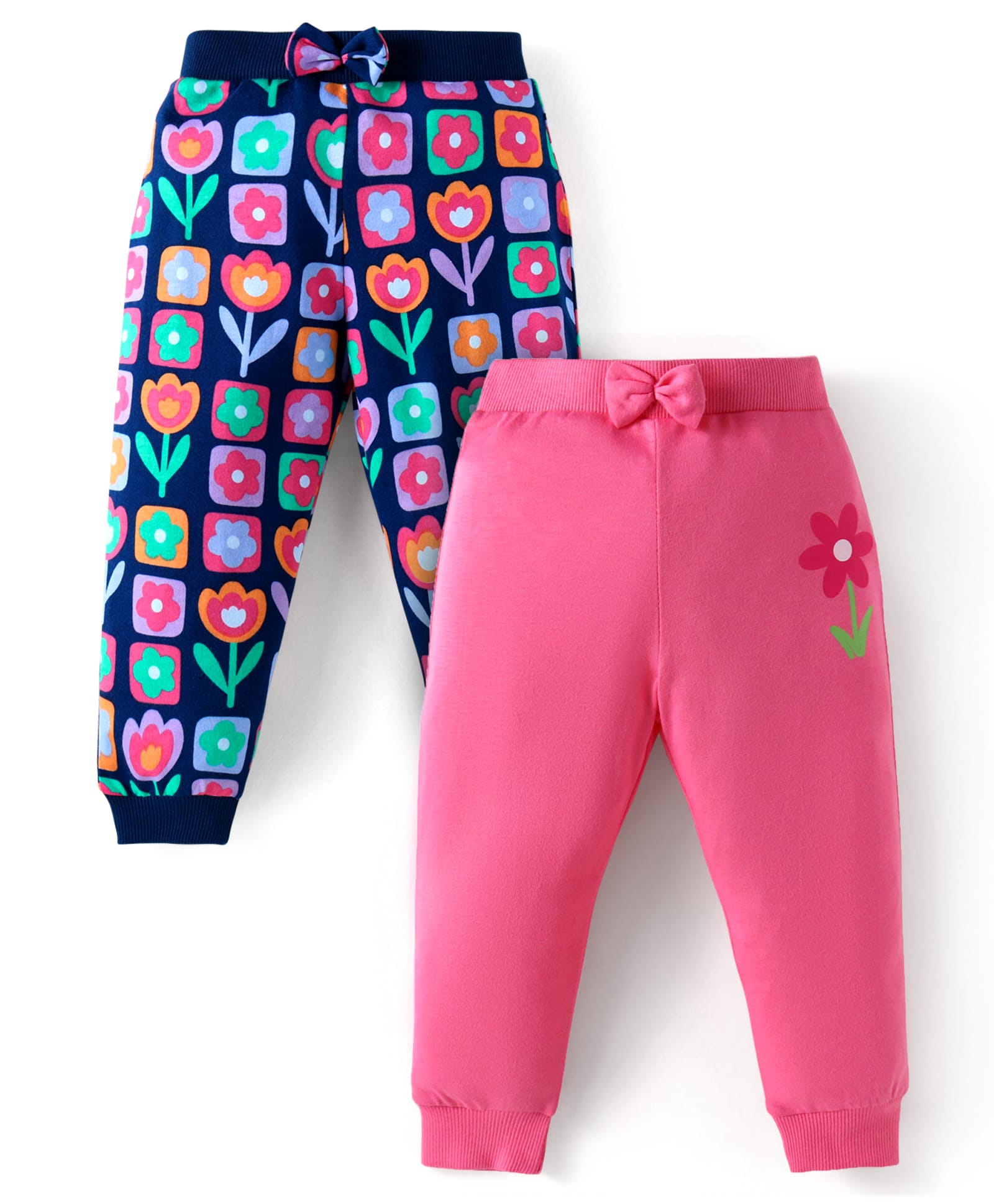 Babyhug Single Jersey Knit Full Length Lounge Pants Pack Of 2 with Floral Print & Bow - Pink Navy Blue-picture-15
