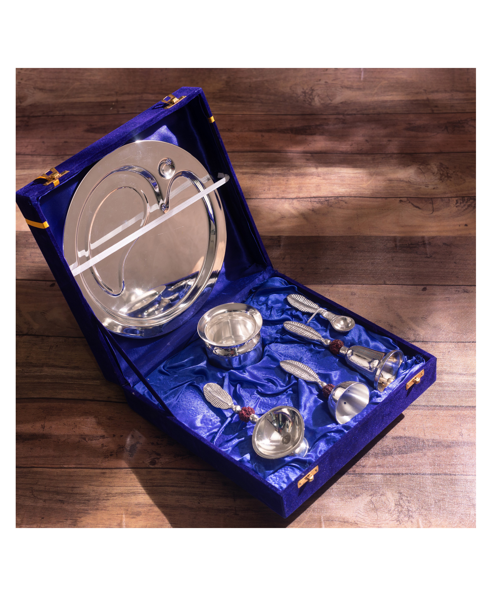 Servdharm Silver Plated Rudraksha Pooja Thali Set with Gift Box-picture-11