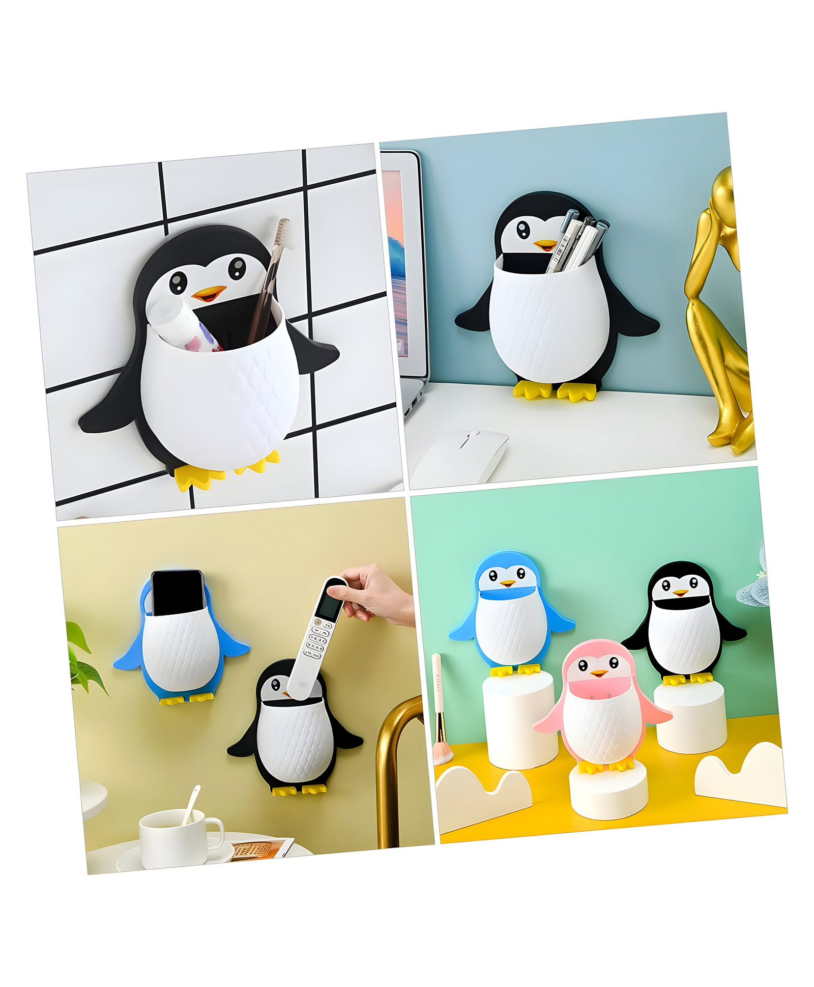 COZY VIBES Plastic Wall Mounted Penguin Design Toothpaste Holder Unique Design Wall Mounted Self Adhesive Storage Wall Mount Toothbrush Holder|Wall Mount Remote and Mobile Stand - PACK OF 1 - COLOR MAY VARY-image-2