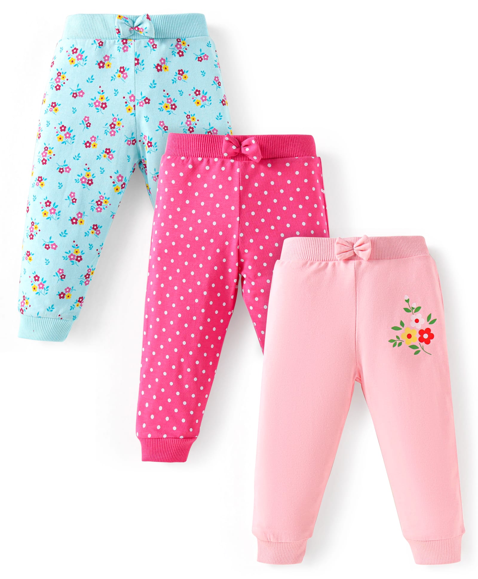 Babyhug Single Jersey Knit Full Length Lounge Pants with Bow Polka Dots & Floral Prints Pack of 3 - Light Pink Light Blue & Dark Pink-picture-22