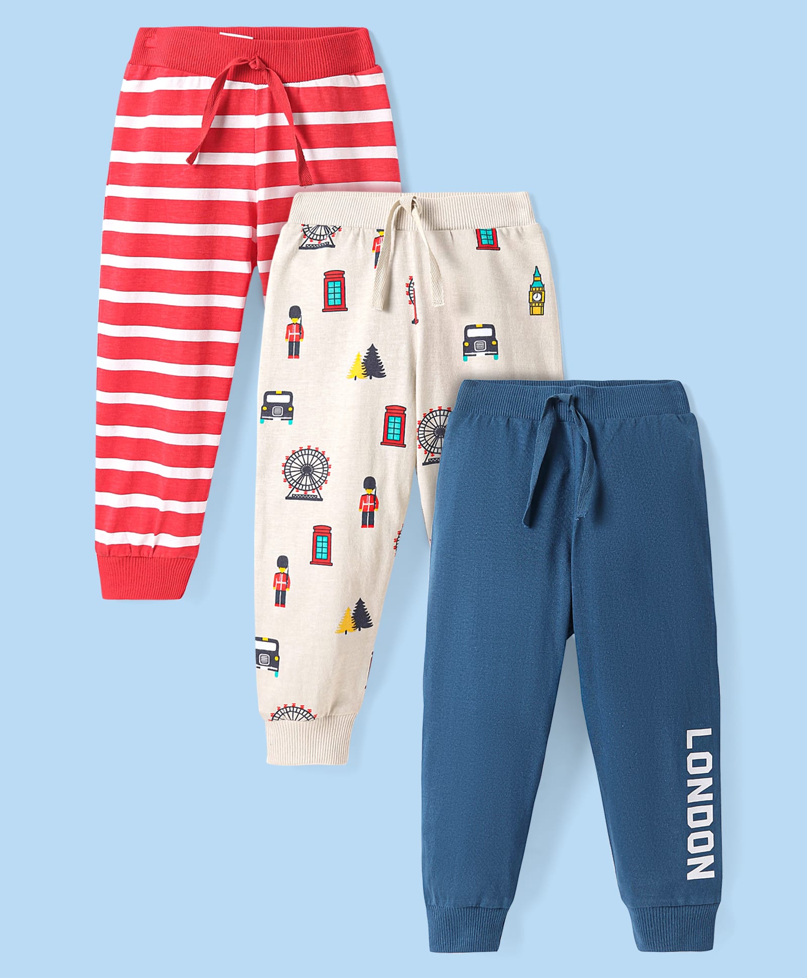 Babyhug Single Jersey Knit Full Length Lounge Pants with Stripes & Vehicle Print Pack Of 3 - Red White & Navy Blue-picture-11