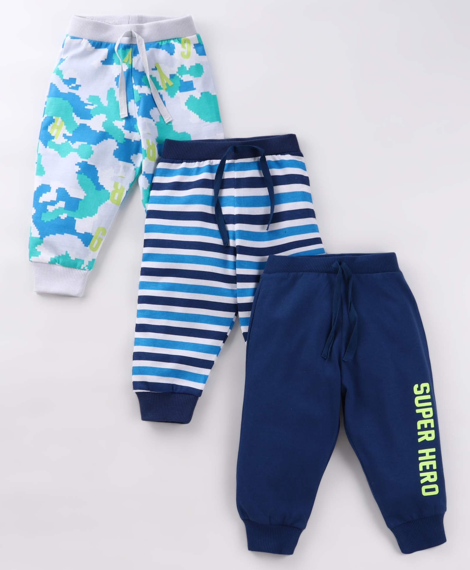 Babyhug Single Jersey Knit Full Length Lounge Pants with Stripes & Abstract Print Pack Of 3 - Blue & Navy Blue-picture-12