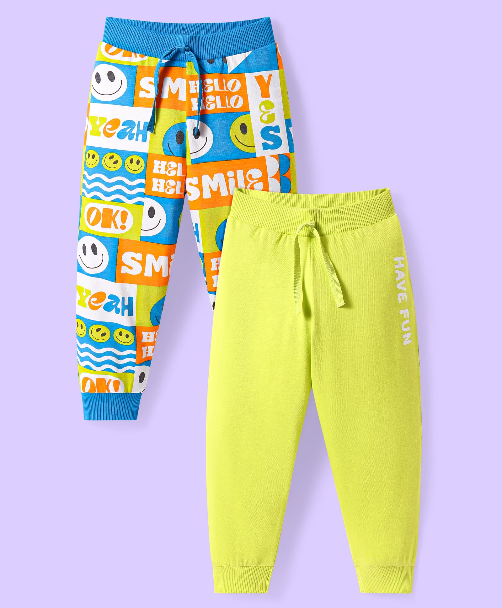 Babyhug Single Jersey Knit Full Length Lounge Pants with Smiley Print Pack of 2 - Yellow & Blue
