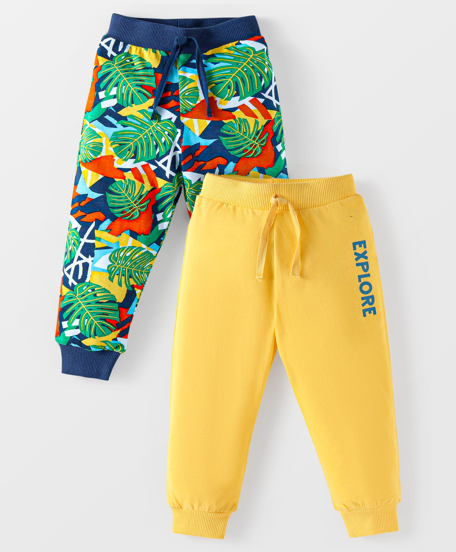 Babyhug Single Jersey Knit Full Length Lounge Pants with Tropical & Text Print Pack of 2 - Yellow & Navy-picture-26