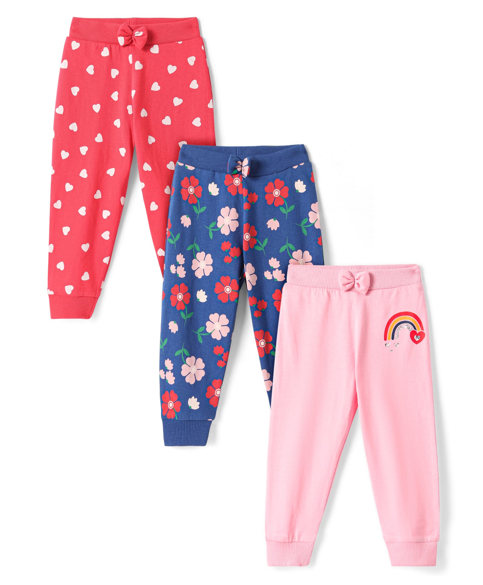Babyhug Single Jersey Knit Full Length Hearts & Floral Printed Lounge Pants with Bow Applique Pack of 3 - Red Blue & Pink