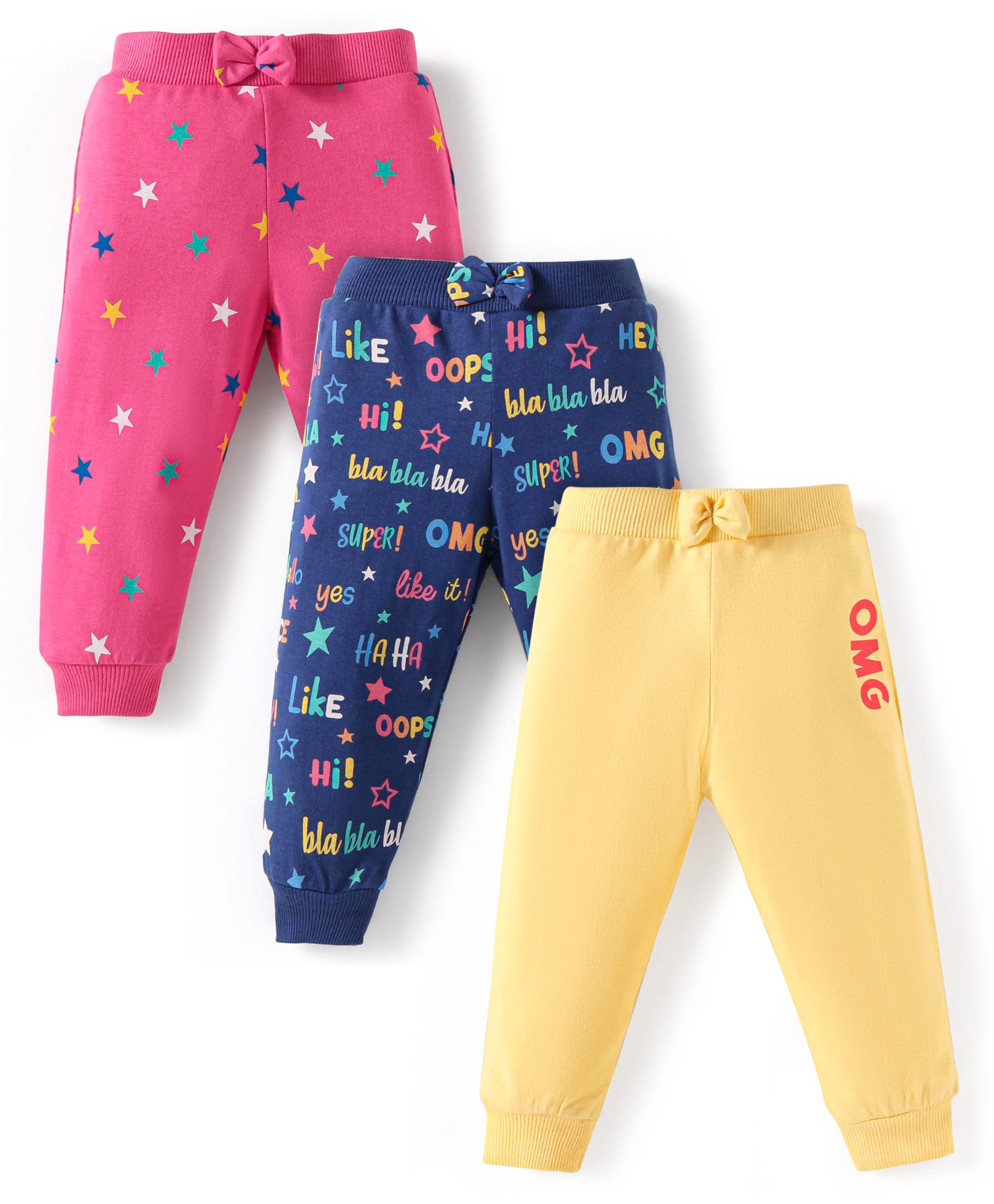 Babyhug Single Jersey Knit Full Length Lounge Pants with Bow Applique & Text Print Pack of 3 - Pink Navy Blue & Yellow-picture-21