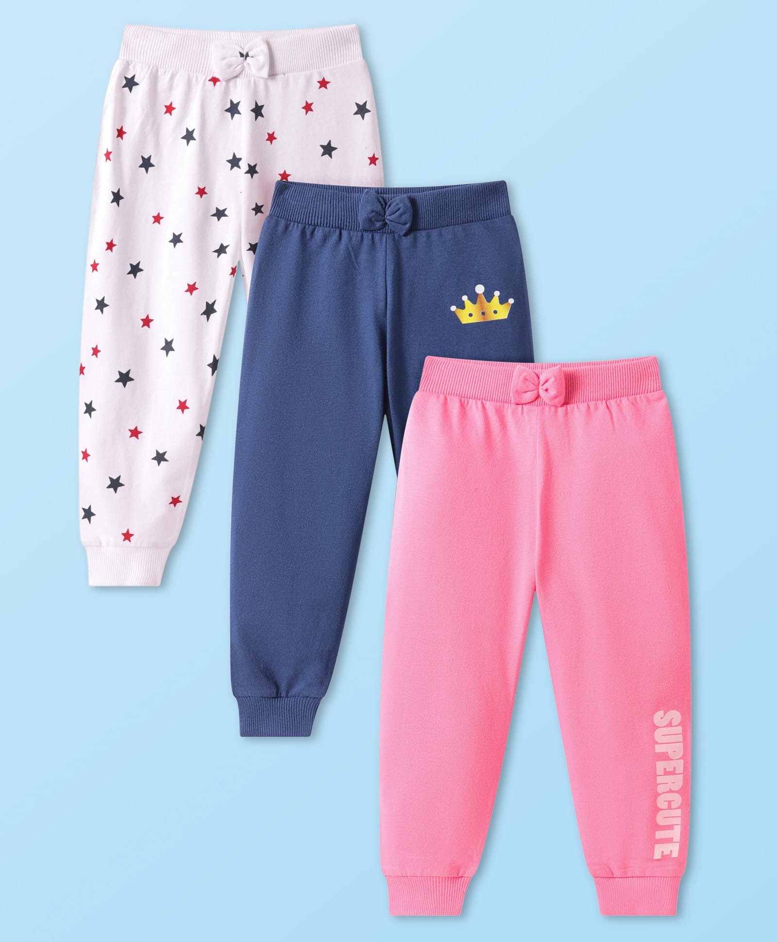 Babyhug Single Jersey Knit Full Length Stars & Text Printed Lounge Pants with Bow Applique Pack of 3 - White Navy Blue & Pink