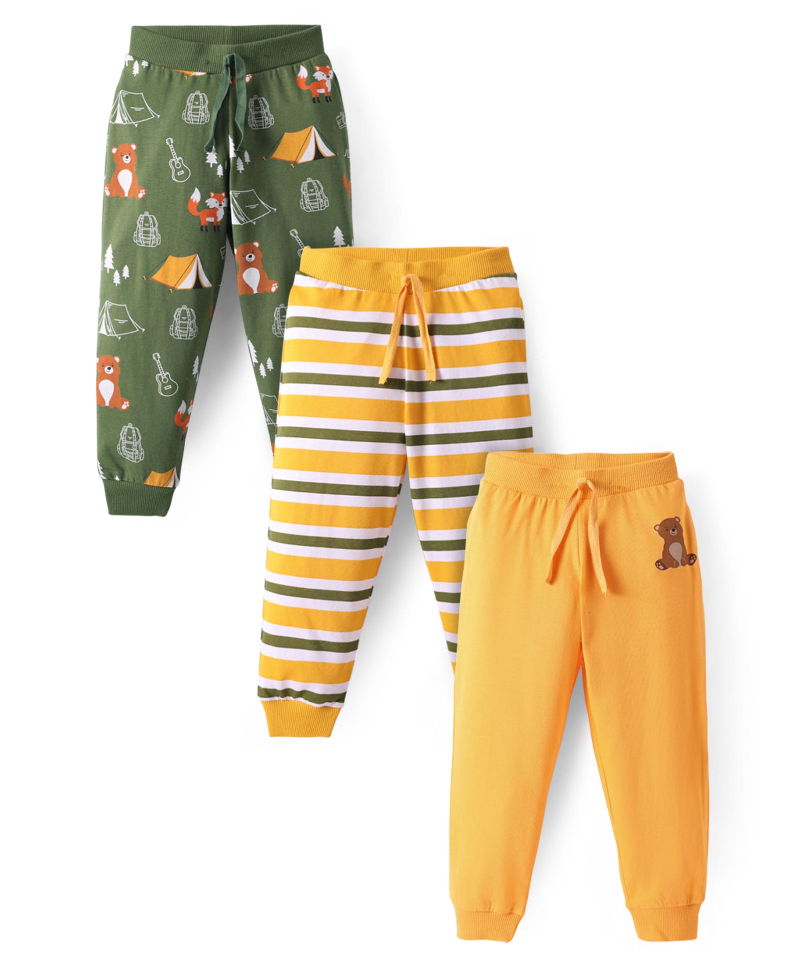 Babyhug Single Jersey Knit Full Length Lounge Pants with Stripes Animal & Text Print Pack Of 3 - Yellow & Olive Green-picture-13