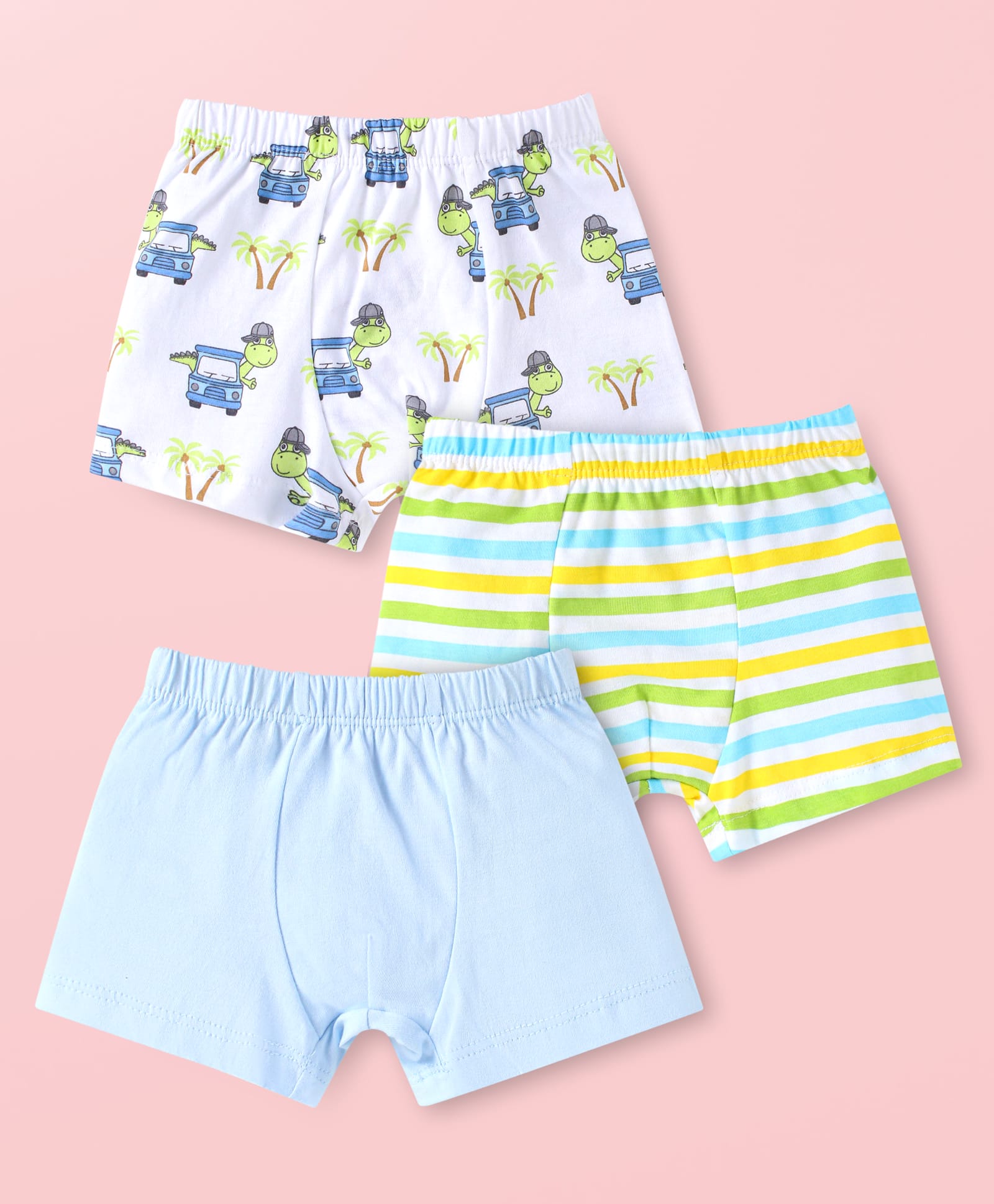 Babyhug 100% Cotton Knit Trunks with Striped & Turtle Print Pack of 3 - Light Blue & White-image-32