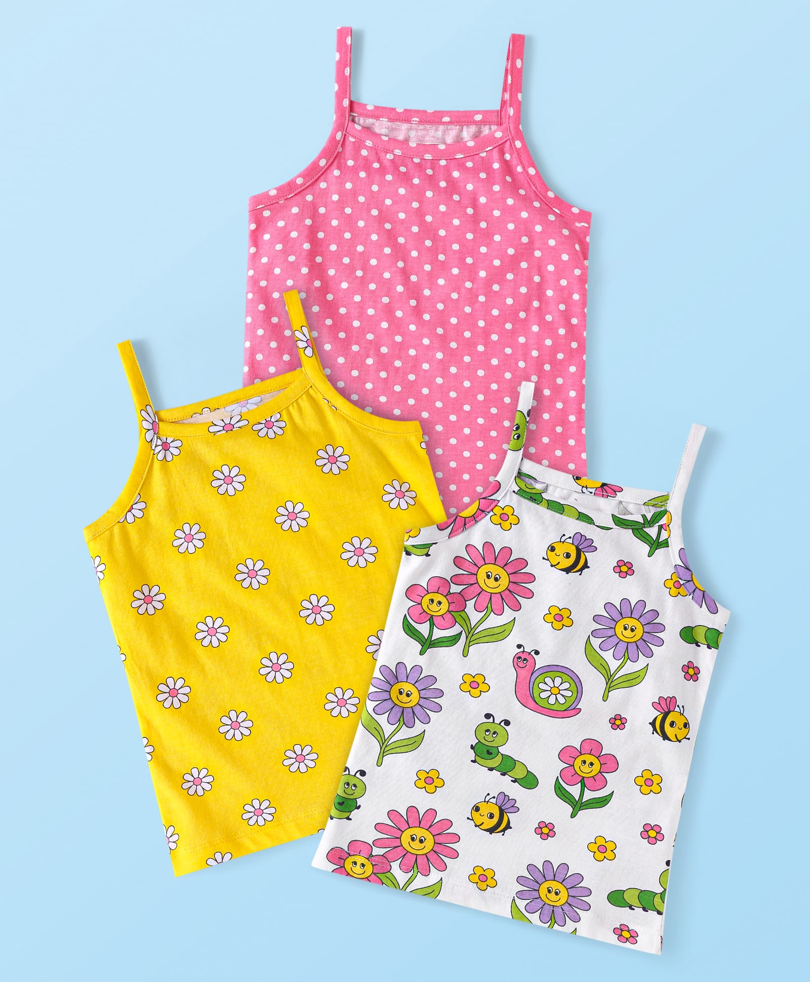Babyhug 100% Cotton Knit Singlet Sleeves Slips with Floral Print & Polka Dots Pack of 3 - Yellow Pink & White-image-35