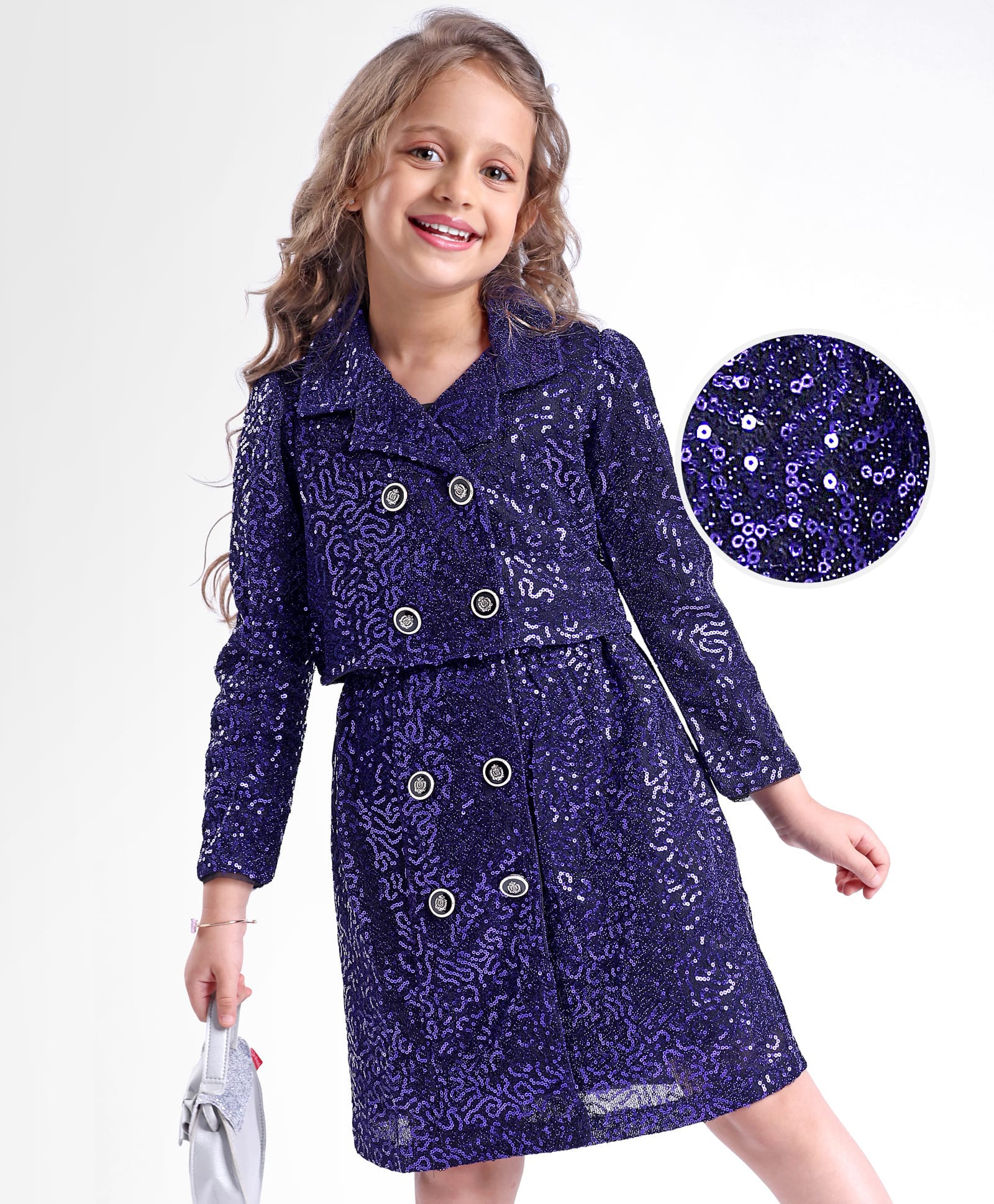 Hola Bonita Knit Full Sleeves Sequinned Jacket With Top & Skirt Set - Purple-image-42
