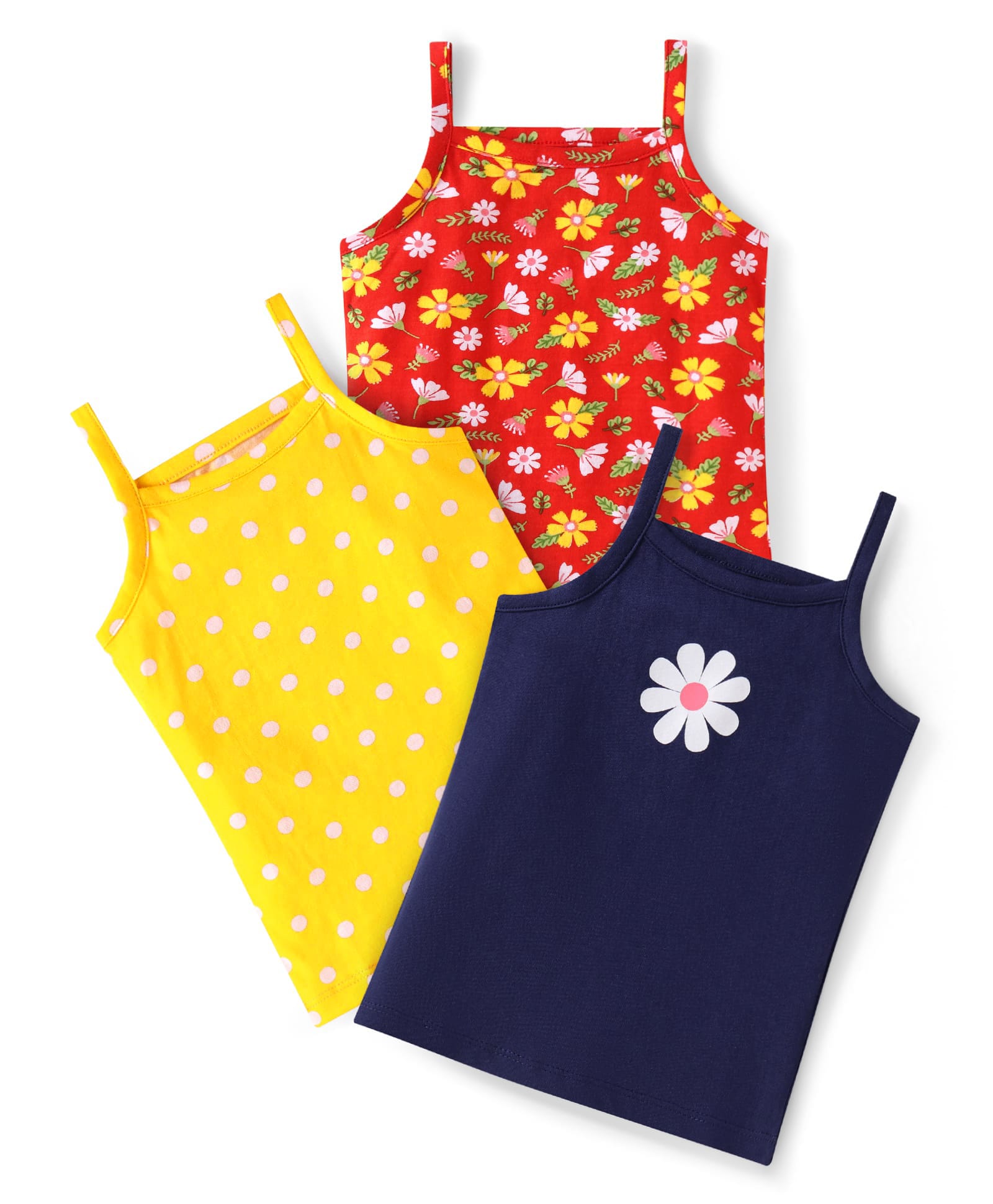 Babyhug 100% Cotton Knit Singlet Sleeves Slips with Floral Print & Polka Dots Pack of 3 - Blue Yellow & Red-image-40