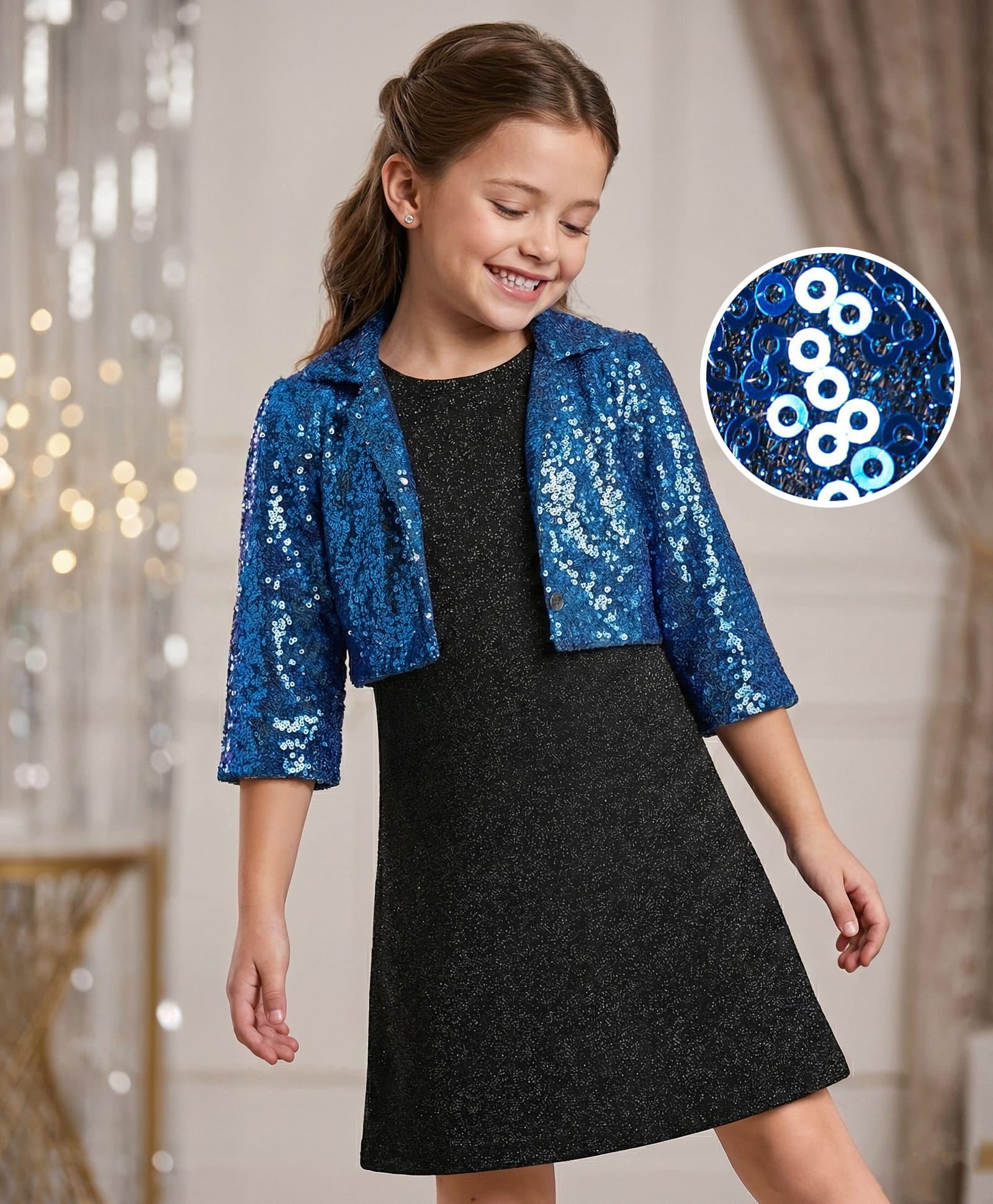 Hola Bonita Knit Three Fourth Sleeves Sequined Embroidered Jacket & Shimmered Party Dress - Blue-image-47