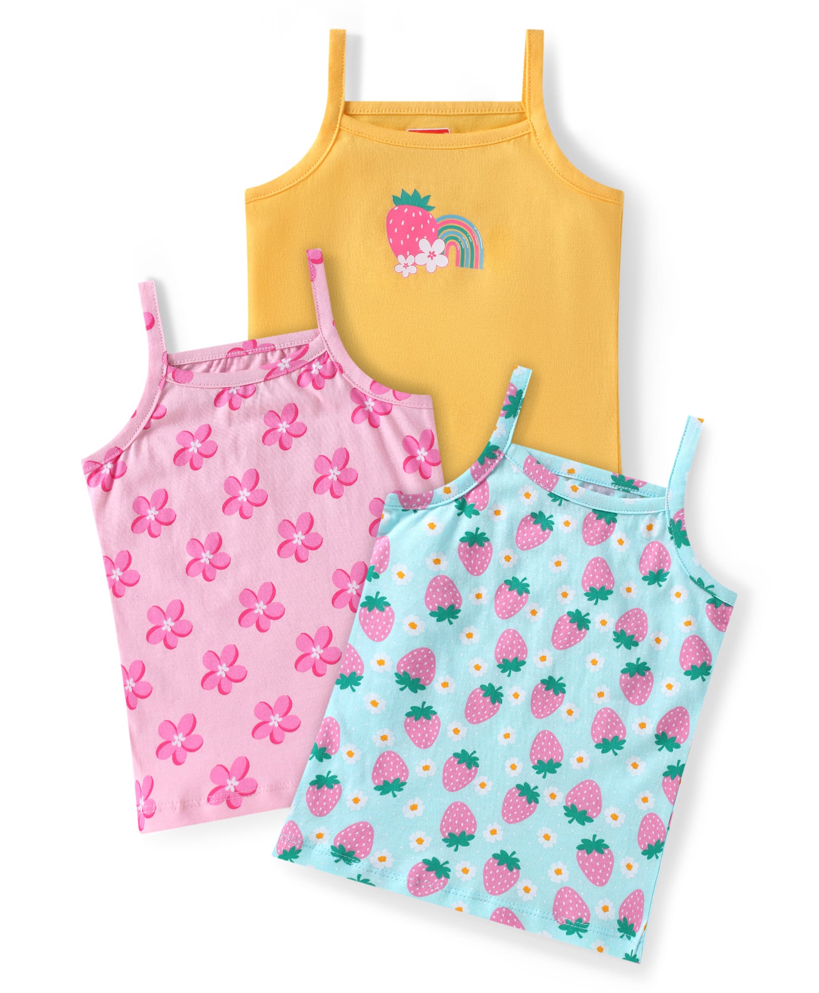 Babyhug 100% Cotton Knit Singlet Sleeves Floral & Strawberry Printed Slips Pack of 3 - Blue Yellow & Pink