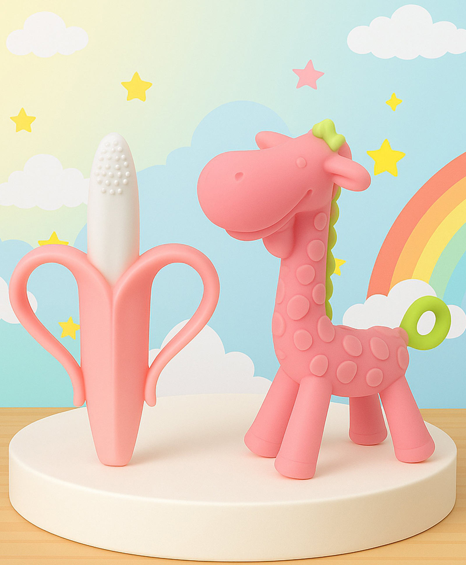 The Cheeky Kidzz Baby Silicone Banana Toothbrush Massaging & Cleaning Gums With Soft Giraffe Shape Teether BPA Free (PINK)-image-22